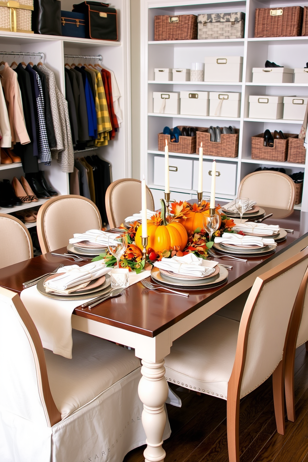 A beautifully arranged dining table for Thanksgiving features vibrant pumpkin centerpieces surrounded by seasonal foliage and candles. The table is set with elegant dinnerware and soft linen napkins, creating a warm and inviting atmosphere. A well-organized closet showcases stylish storage solutions with neatly arranged shoes, bags, and clothing. Decorative boxes and baskets add a touch of charm while maximizing space and maintaining an orderly appearance.