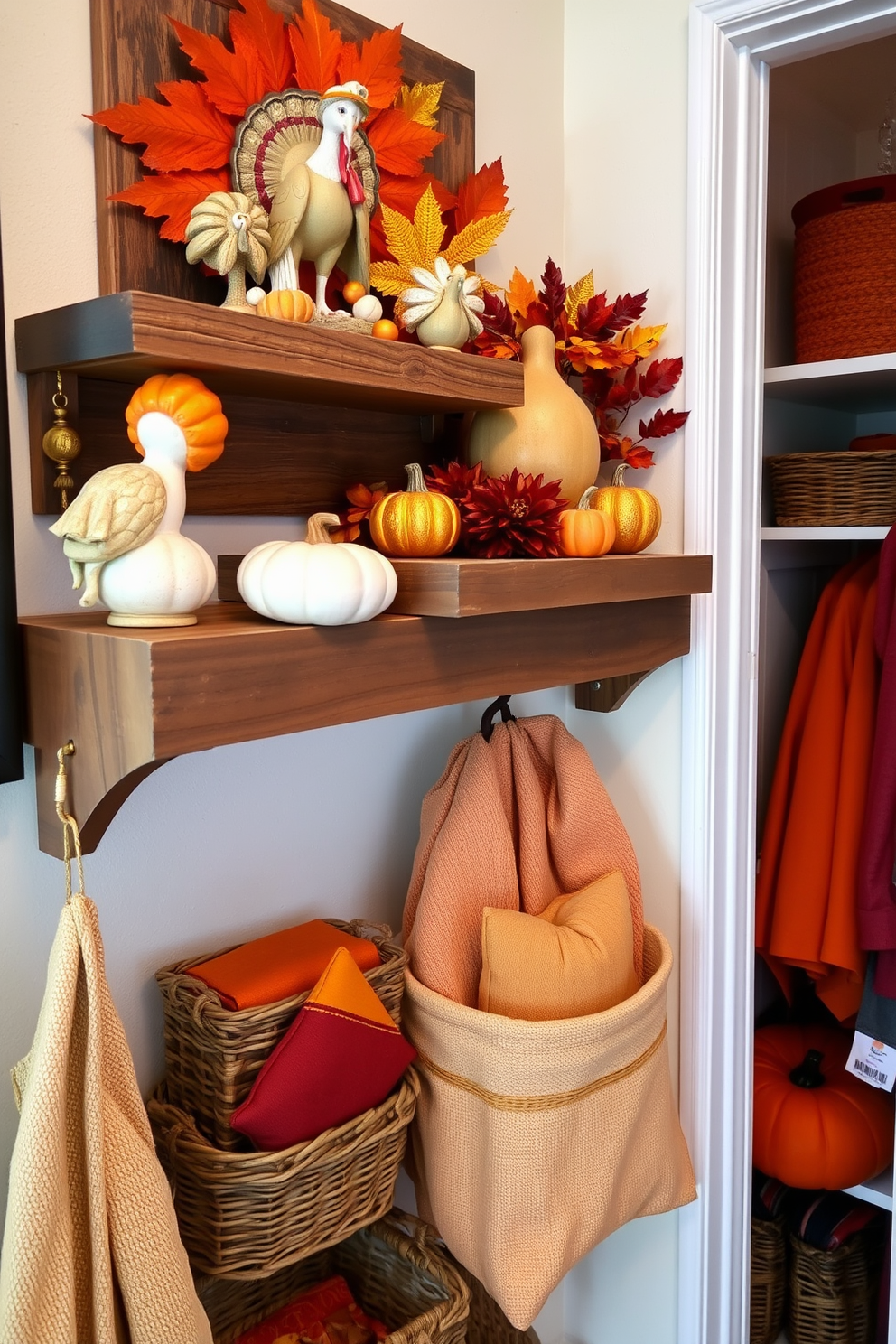 Thanksgiving themed picture frames adorn the shelves, showcasing cherished family memories in warm autumn colors. The frames are surrounded by decorative pumpkins and seasonal foliage, creating a cozy and inviting atmosphere. The closet is thoughtfully decorated for Thanksgiving, with rich fabrics and earthy tones enhancing the festive spirit. Elegant storage solutions display seasonal accessories while maintaining a tidy and organized look.