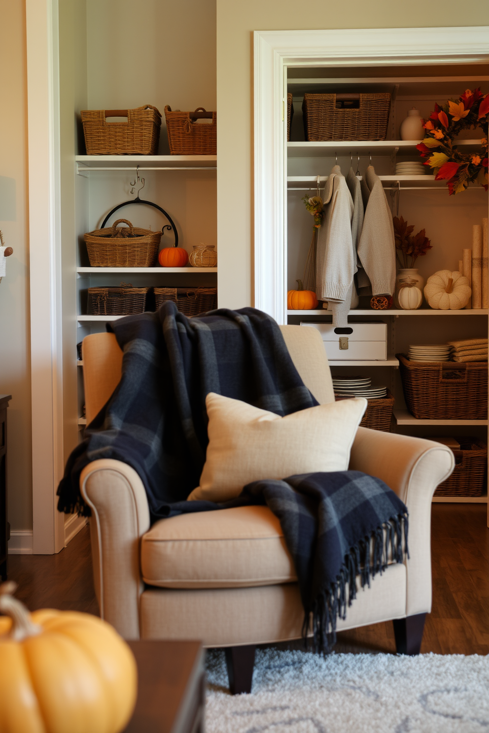 A cozy blanket is draped over a plush armchair in a warm living room setting. The armchair is upholstered in a soft fabric, and the blanket adds a touch of seasonal comfort. The closet is beautifully decorated with autumn-themed accents for Thanksgiving. Shelves are organized with decorative baskets and seasonal decor, creating an inviting and festive atmosphere.