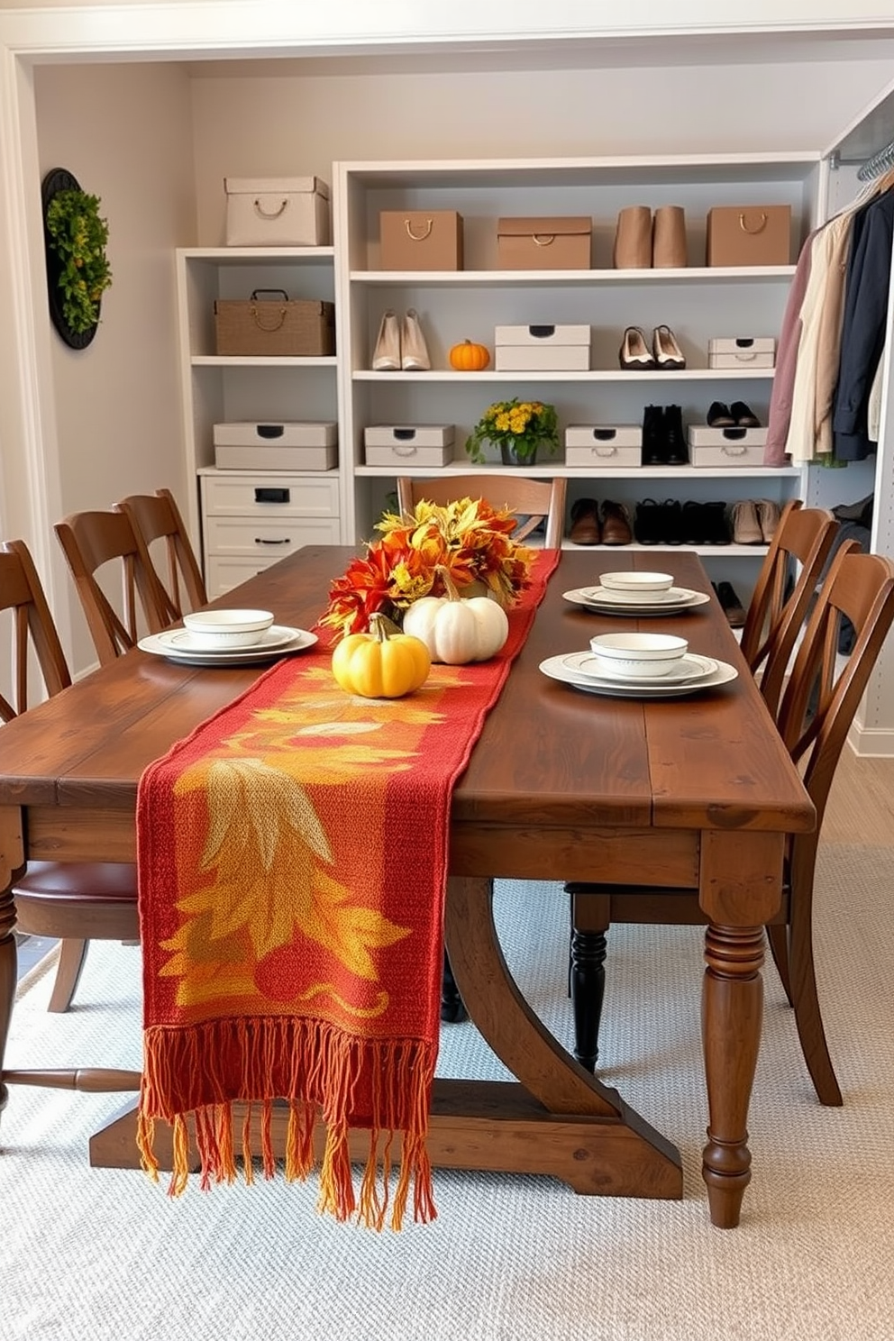 A harvest-inspired table runner drapes elegantly across a rustic wooden dining table adorned with autumnal decorations. The runner features rich colors of deep orange, golden yellow, and earthy browns, complemented by small pumpkins and seasonal foliage. For closet decorating ideas, imagine a well-organized space with custom shelving and elegant storage boxes. Soft lighting highlights neatly arranged shoes and accessories, while a touch of greenery adds freshness to the overall aesthetic.