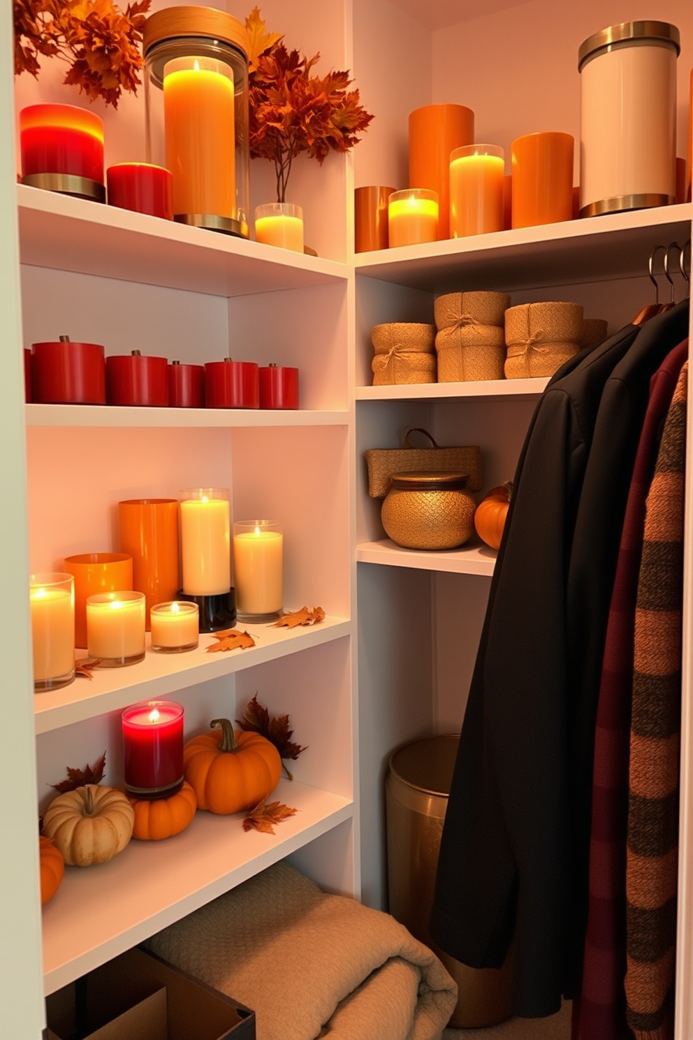 Create a cozy closet space decorated for Thanksgiving. The shelves are lined with candles in warm fall colors like deep orange and rich burgundy, creating a welcoming ambiance. Incorporate seasonal decorations such as small pumpkins and autumn leaves scattered among the candles. Use soft lighting to enhance the inviting atmosphere of the closet, making it a perfect spot for holiday preparations.