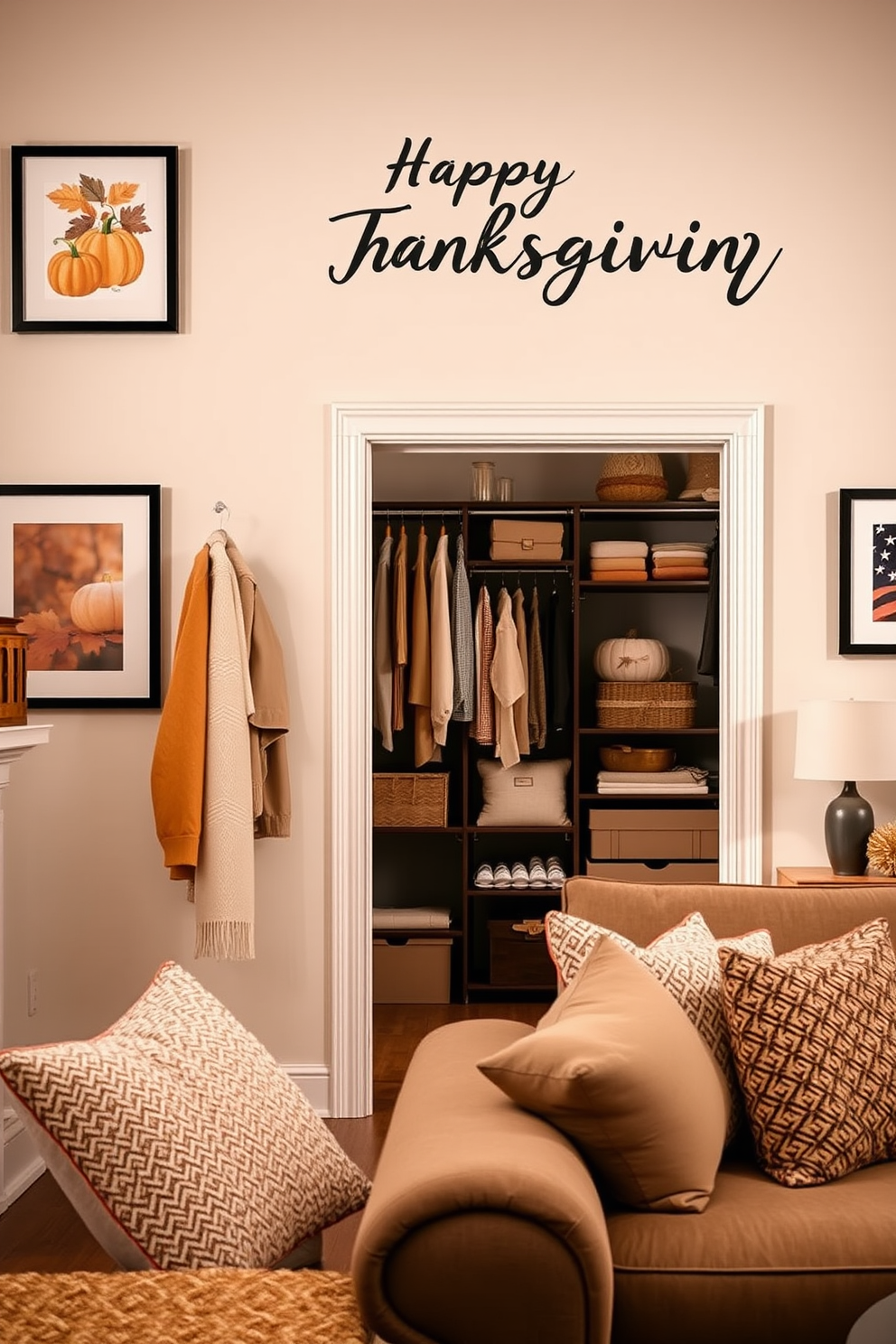 A cozy living room adorned with seasonal artwork celebrating Thanksgiving. The walls feature framed prints of autumn leaves and pumpkins, creating a warm and inviting atmosphere. In the corner, a beautifully organized closet showcases a mix of fall-themed decor and stylish storage solutions. Soft blankets and seasonal accessories are neatly arranged, adding a touch of elegance to the space.