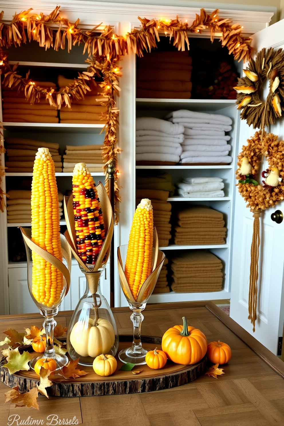 Decorative corn is arranged in elegant glass vases of varying heights, showcasing vibrant hues of yellow, orange, and purple. The vases are placed on a rustic wooden table, surrounded by autumn leaves and small pumpkins to enhance the Thanksgiving theme. The closet is adorned with seasonal decor, featuring garlands made of dried corn and twinkling fairy lights. Shelves are organized with neatly folded blankets in warm tones, and a decorative wreath hangs on the door for a festive touch.