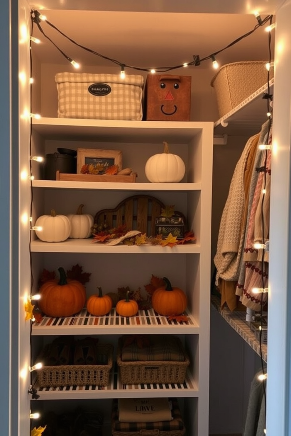 Colorful table runners are neatly arranged in woven baskets, adding a vibrant touch to the cozy Thanksgiving closet. The walls are painted in warm earth tones, and decorative elements like pumpkins and autumn leaves create a festive atmosphere.