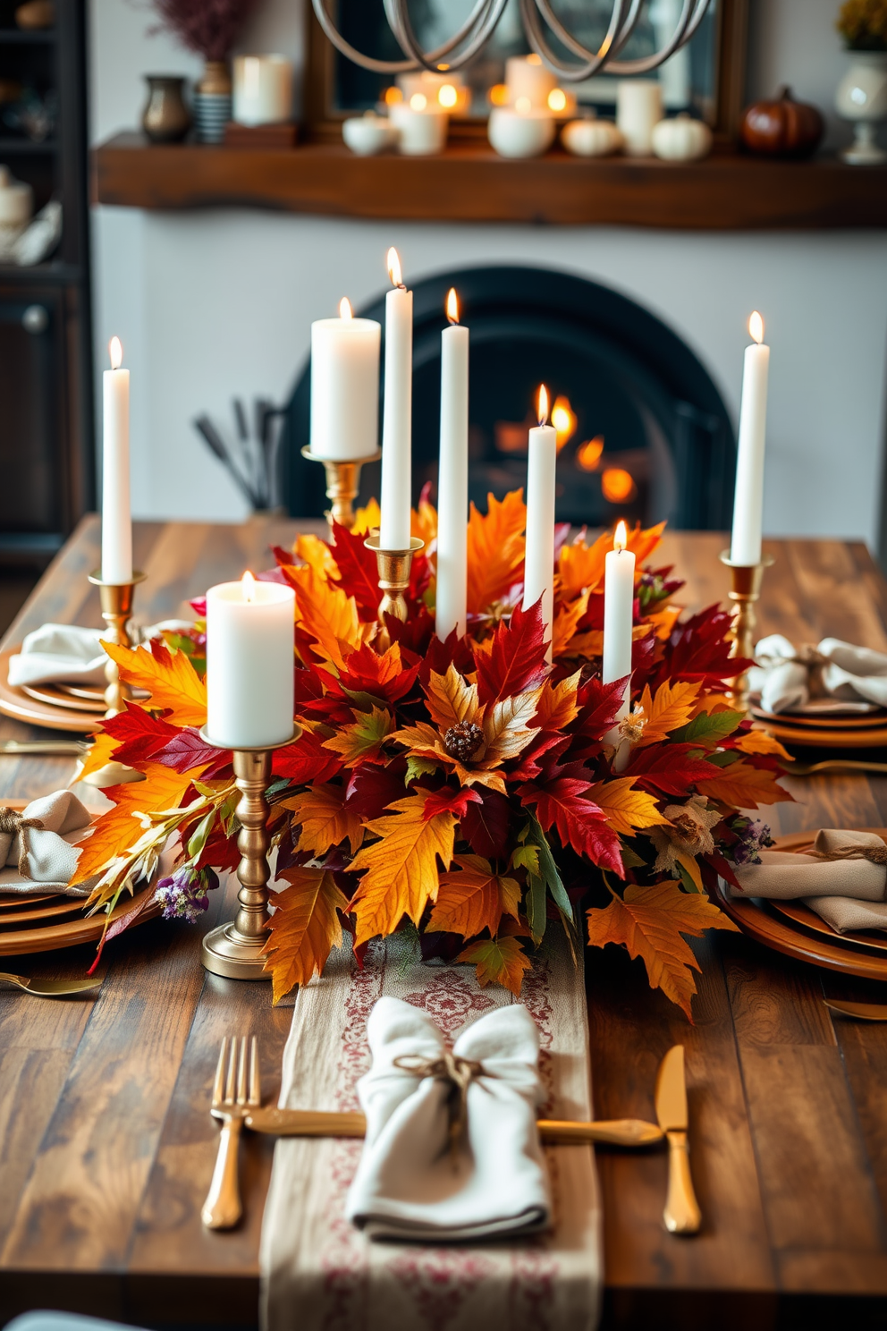 A stunning dining table adorned with a vibrant centerpiece made of autumn leaves in rich hues of red, orange, and yellow. The table is set with elegant dinnerware, and soft candlelight enhances the warm atmosphere for a Thanksgiving gathering.