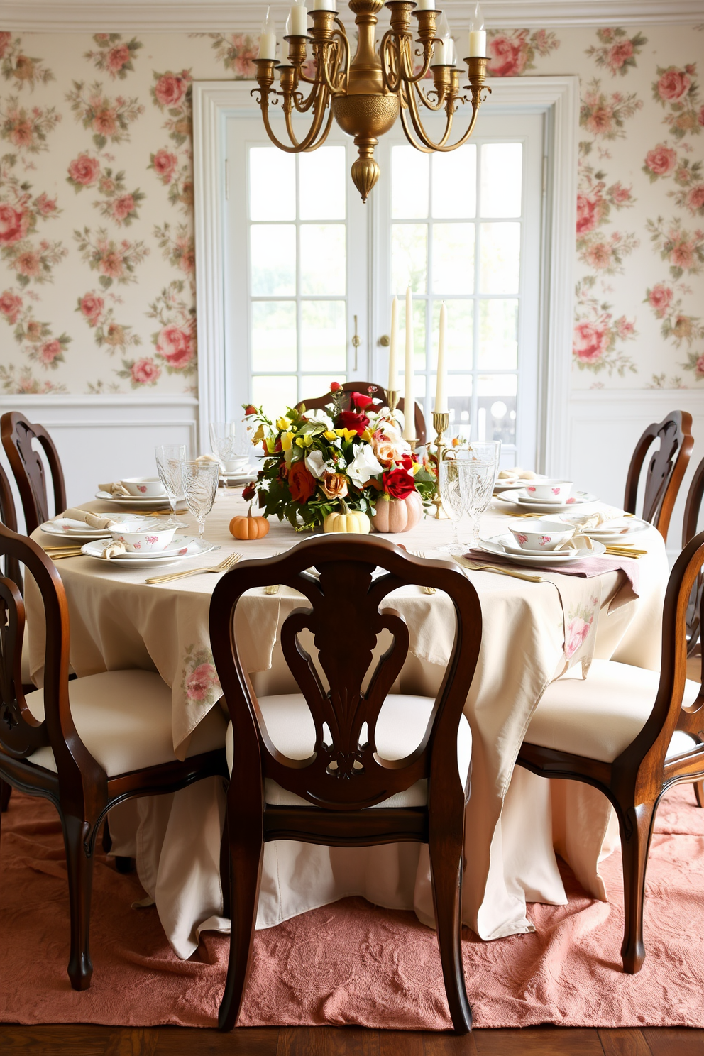 A vibrant fruit bowl sits at the center of the dining table, overflowing with seasonal fruits like pumpkins, apples, and pears. Surrounding the bowl are scattered leaves and small gourds, creating a warm and inviting Thanksgiving atmosphere.