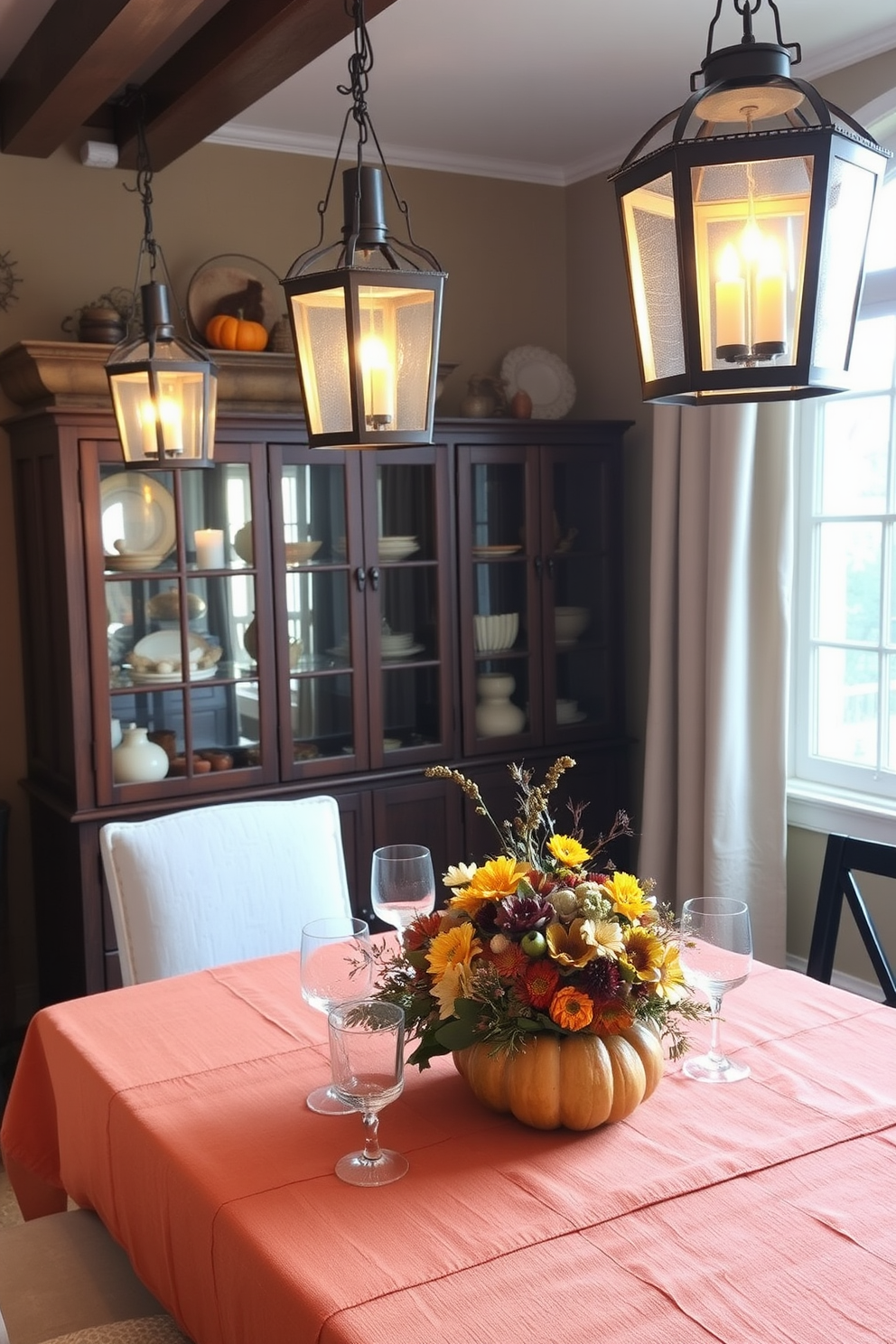 Textured pillows in warm autumn colors are arranged on a cozy seating area, inviting guests to relax and enjoy the festive atmosphere. Surrounding the seating, seasonal decorations such as small pumpkins and fall foliage enhance the Thanksgiving spirit.