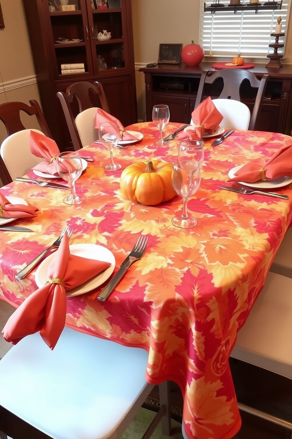 A beautifully arranged table featuring vintage china with intricate floral patterns. The table is adorned with a crisp white tablecloth and golden cutlery, creating an elegant ambiance for Thanksgiving. Soft candlelight flickers from ornate candlesticks, casting a warm glow over the setting. Fresh autumn flowers in a classic vase add a touch of seasonal charm, enhancing the overall festive atmosphere.