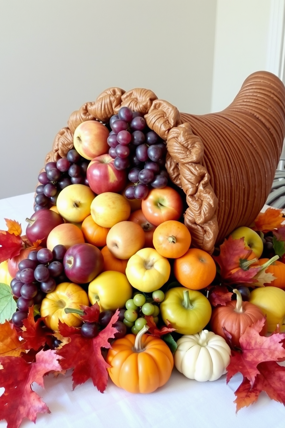 A cozy dining table setting for Thanksgiving. The table is adorned with pinecones and acorns arranged in clusters, complemented by warm, autumn-colored table linens. Candles of varying heights are placed among the natural elements, casting a soft glow. A centerpiece made of seasonal flowers adds a touch of elegance to the rustic decor.