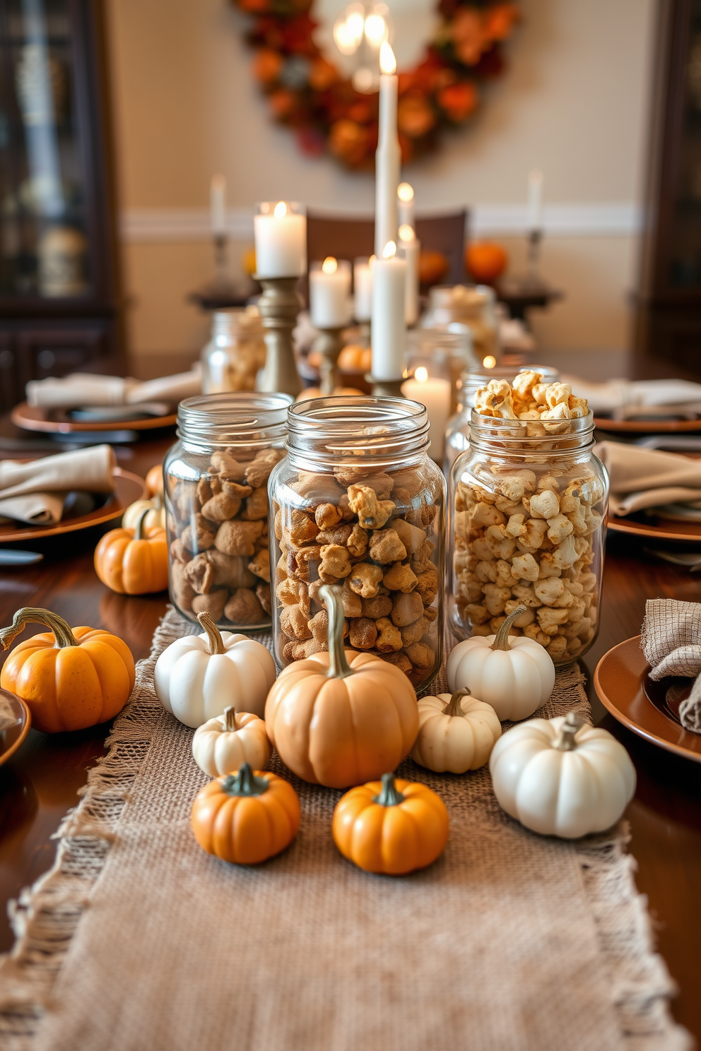 Thanksgiving themed place cards for guests are elegantly designed with autumn colors and natural elements. Each card features a small leaf motif and the guest's name written in beautiful calligraphy. The cards are placed on a rustic wooden table adorned with seasonal decorations. A centerpiece of pumpkins and gourds complements the warm and inviting atmosphere of the Thanksgiving celebration.