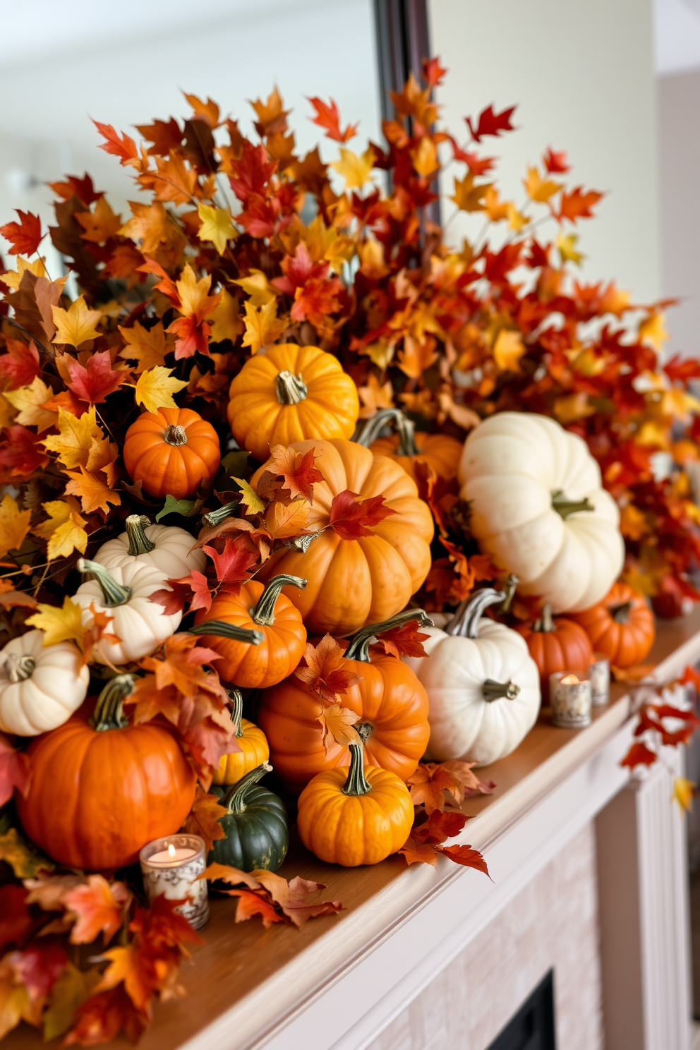 A cozy dining room decorated for Thanksgiving featuring a rustic wooden table adorned with an array of pumpkins and gourds in various sizes and colors. Soft, warm lighting illuminates the space, highlighting the rich textures of woven placemats and seasonal foliage arrangements.