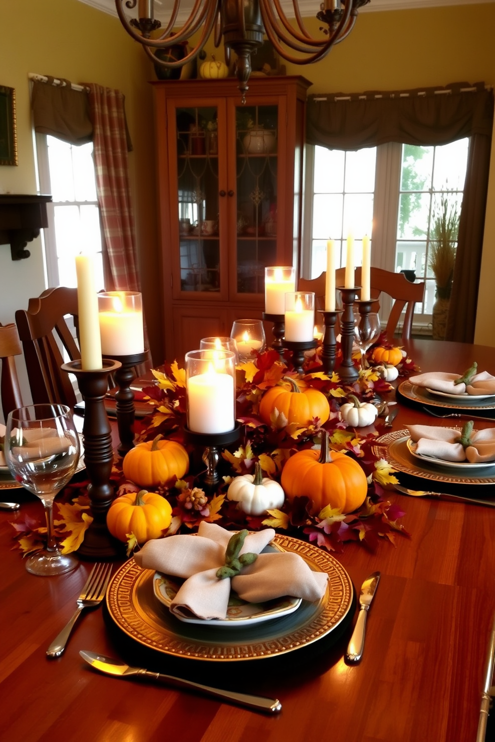 Layered textures create a warm and inviting atmosphere perfect for Thanksgiving. Soft fabrics like velvet and linen are used for pillows and throws, adding comfort and elegance to the space. Natural elements such as dried leaves and pinecones are incorporated into the decor. A beautifully set table features a mix of rustic wood and elegant china, showcasing the season's bounty.