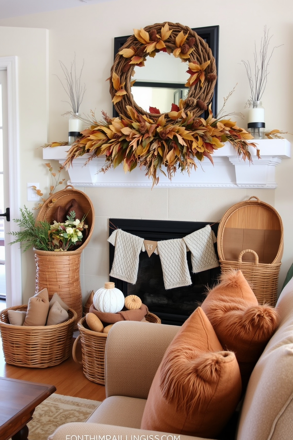 A cozy living room adorned with pumpkin spice scented candles creating a warm ambiance. The space features a rustic wooden coffee table surrounded by plush, oversized sofas in autumn colors. Decorative elements include garlands of dried leaves and small pumpkins placed strategically around the room. Soft, knitted throws drape over the sofas, inviting guests to relax and enjoy the festive atmosphere.