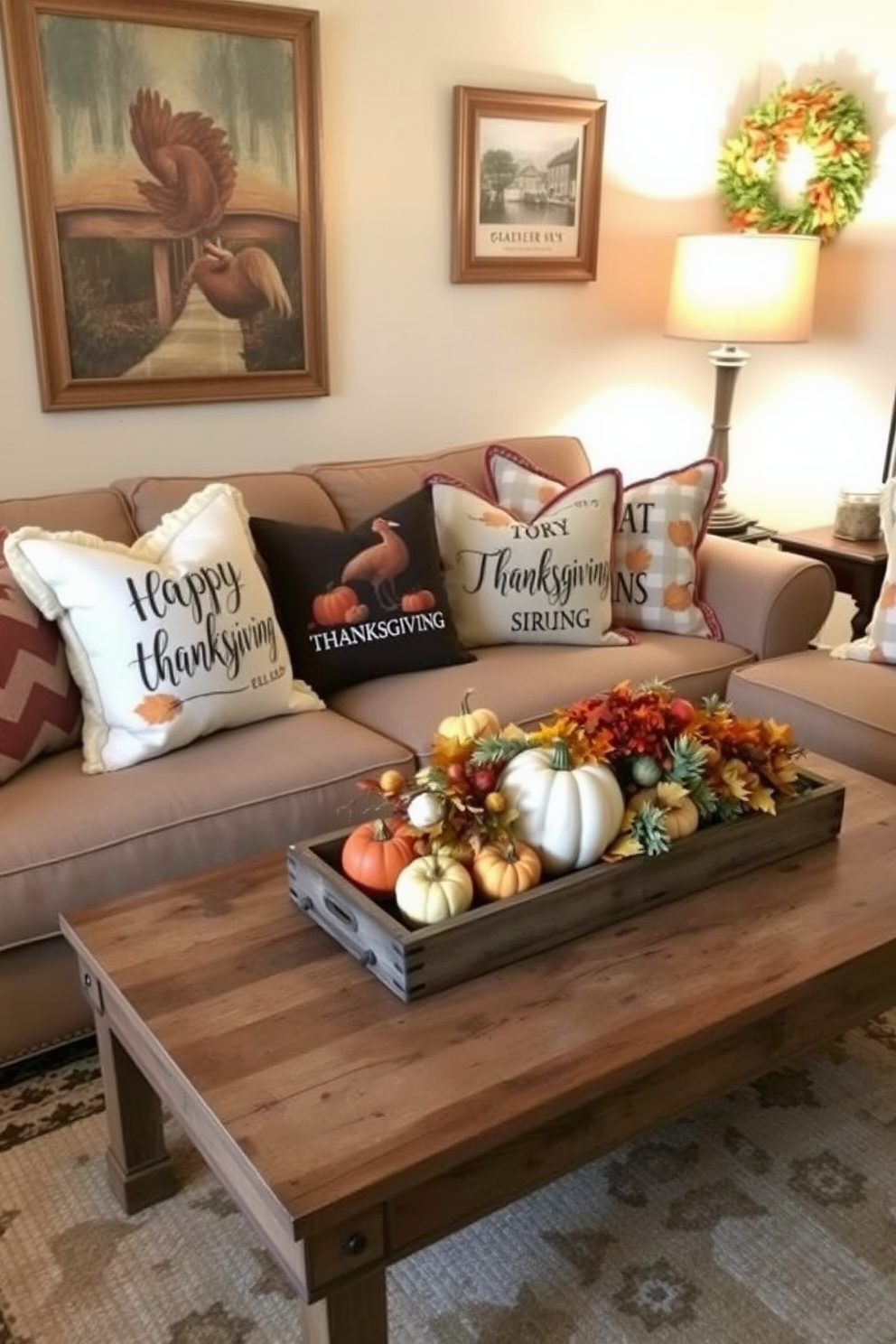 A cozy living room adorned with natural wood elements. The space features a large wooden coffee table surrounded by plush, earth-toned sofas and armchairs. Decorative pumpkins and autumn leaves are arranged on the table. Soft, warm lighting enhances the inviting atmosphere, creating a perfect setting for Thanksgiving gatherings.