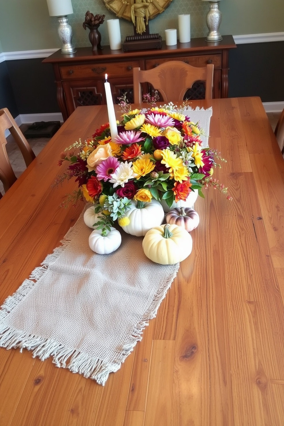 A cozy dining room adorned with fall floral arrangements in rustic vases. The tablescape features a wooden table set with seasonal decorations, including pumpkins and autumn leaves.