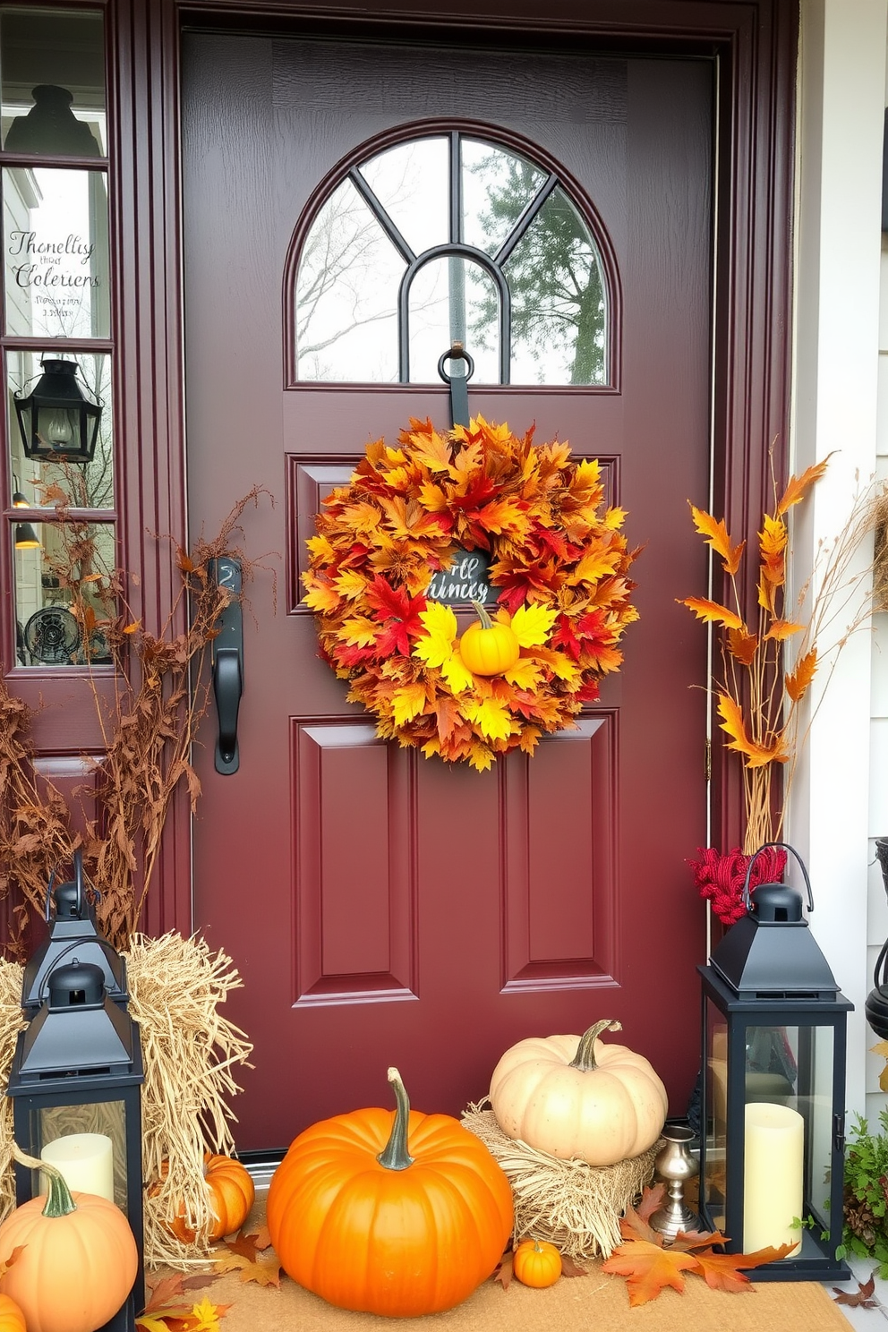 A stunning Thanksgiving-themed centerpiece features a rustic wooden table adorned with vibrant autumn leaves in shades of orange, red, and yellow. In the center, a collection of candles of varying heights sits in a decorative arrangement, surrounded by small pumpkins and acorns for added texture. The table is set with elegant dinnerware that complements the fall colors, and each place setting includes a sprig of rosemary for a fresh touch. Soft, warm lighting creates an inviting atmosphere, perfect for gathering with family and friends during the holiday season.