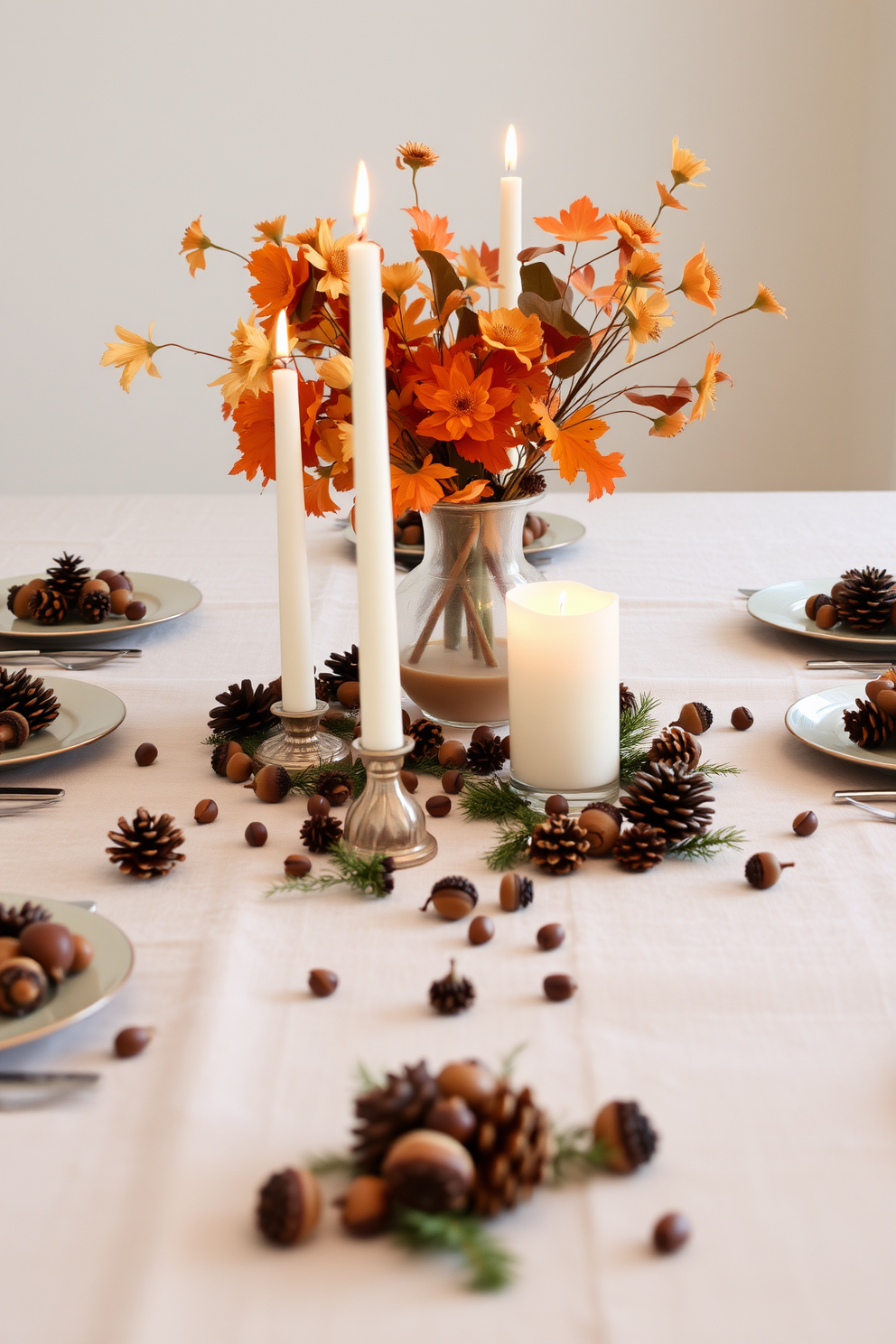 A beautifully set dining table adorned with a plaid tablecloth in rich autumn colors. The table is surrounded by elegant wooden chairs, each with a cozy cushion, and a centerpiece of seasonal flowers and candles. On the table, there are rustic plates and cutlery arranged neatly, complemented by small pumpkins and gourds scattered around. Soft golden lighting enhances the warm atmosphere, inviting guests to enjoy a classic Thanksgiving feast.