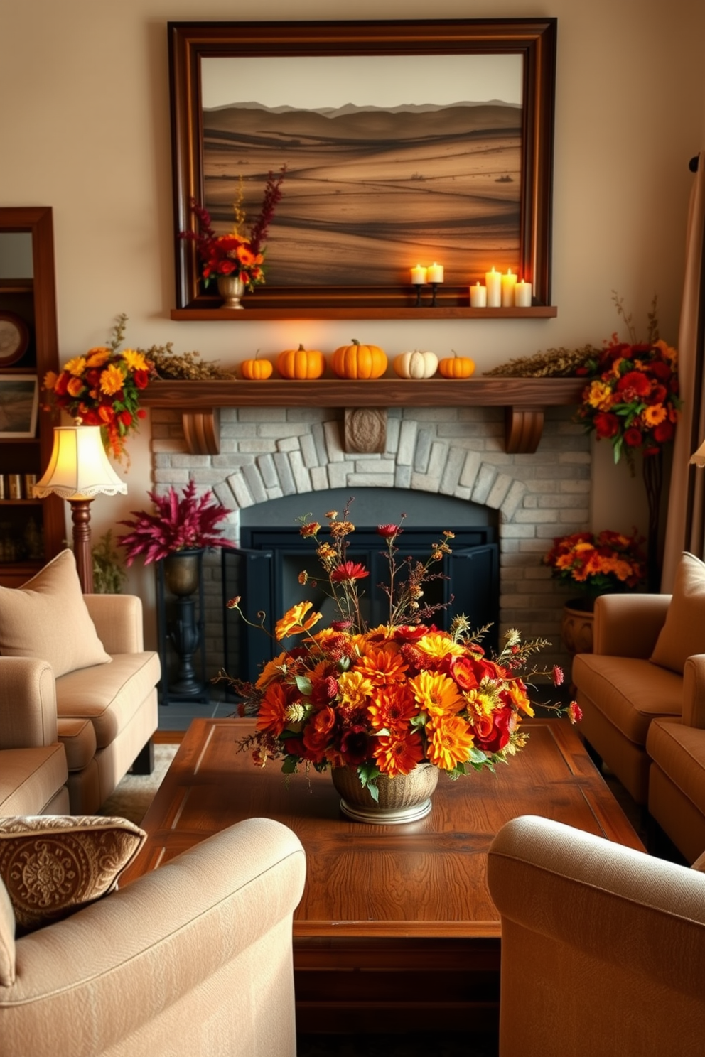 A warm and inviting living room adorned for Thanksgiving. The space features a plush cream sofa with gold metallic throw pillows and a rustic wooden coffee table. A stunning centerpiece is arranged on the table, showcasing a mix of seasonal flowers, candles, and decorative pumpkins. The walls are draped with garlands of autumn leaves, and metallic accents are incorporated through elegant candle holders and a shimmering table runner.