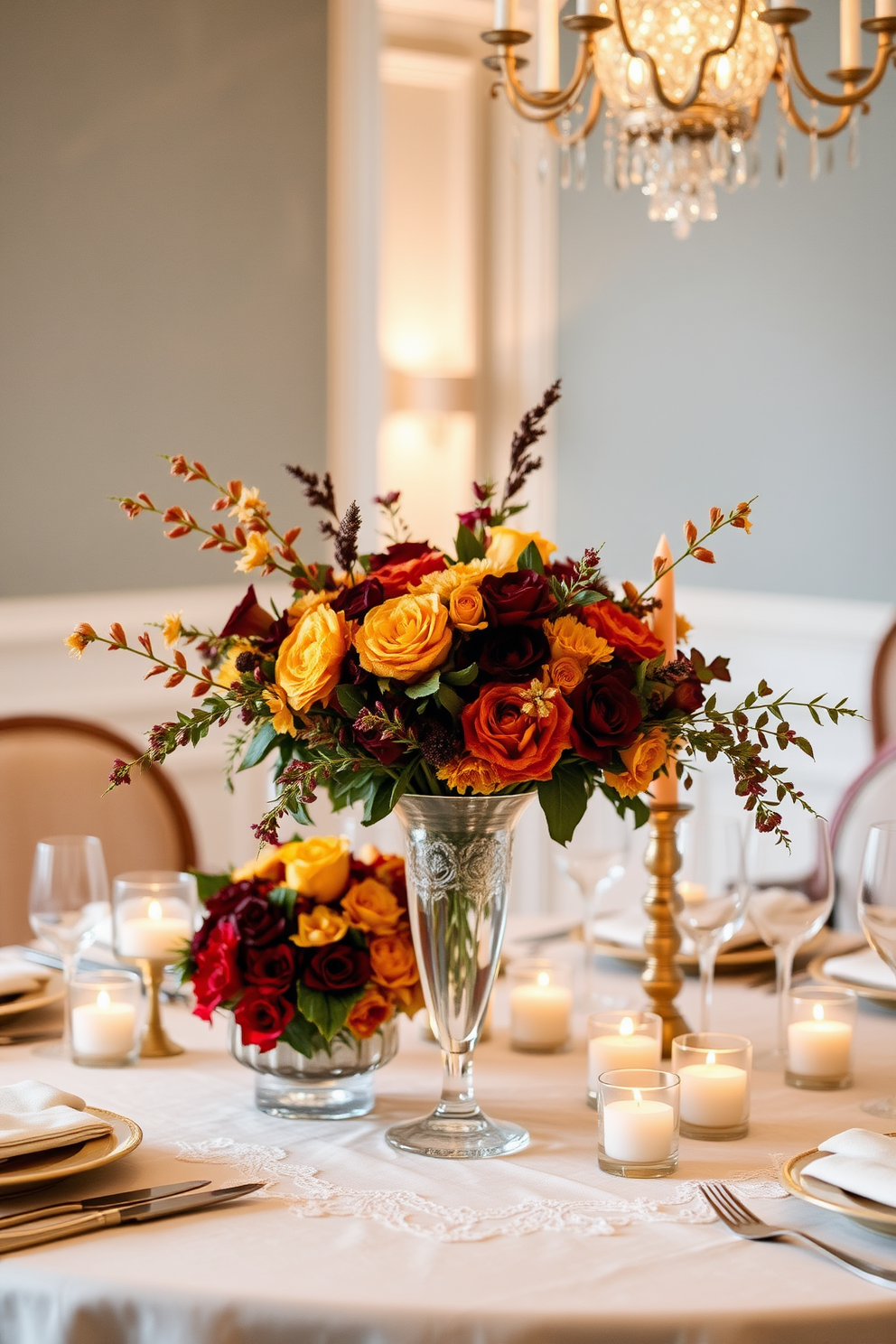 A stunning centerpiece arrangement for a Thanksgiving dining room featuring vibrant autumn leaves in shades of orange, red, and yellow. The leaves are artfully arranged in a rustic wooden bowl, complemented by small white pumpkins and candles to create a warm and inviting atmosphere.