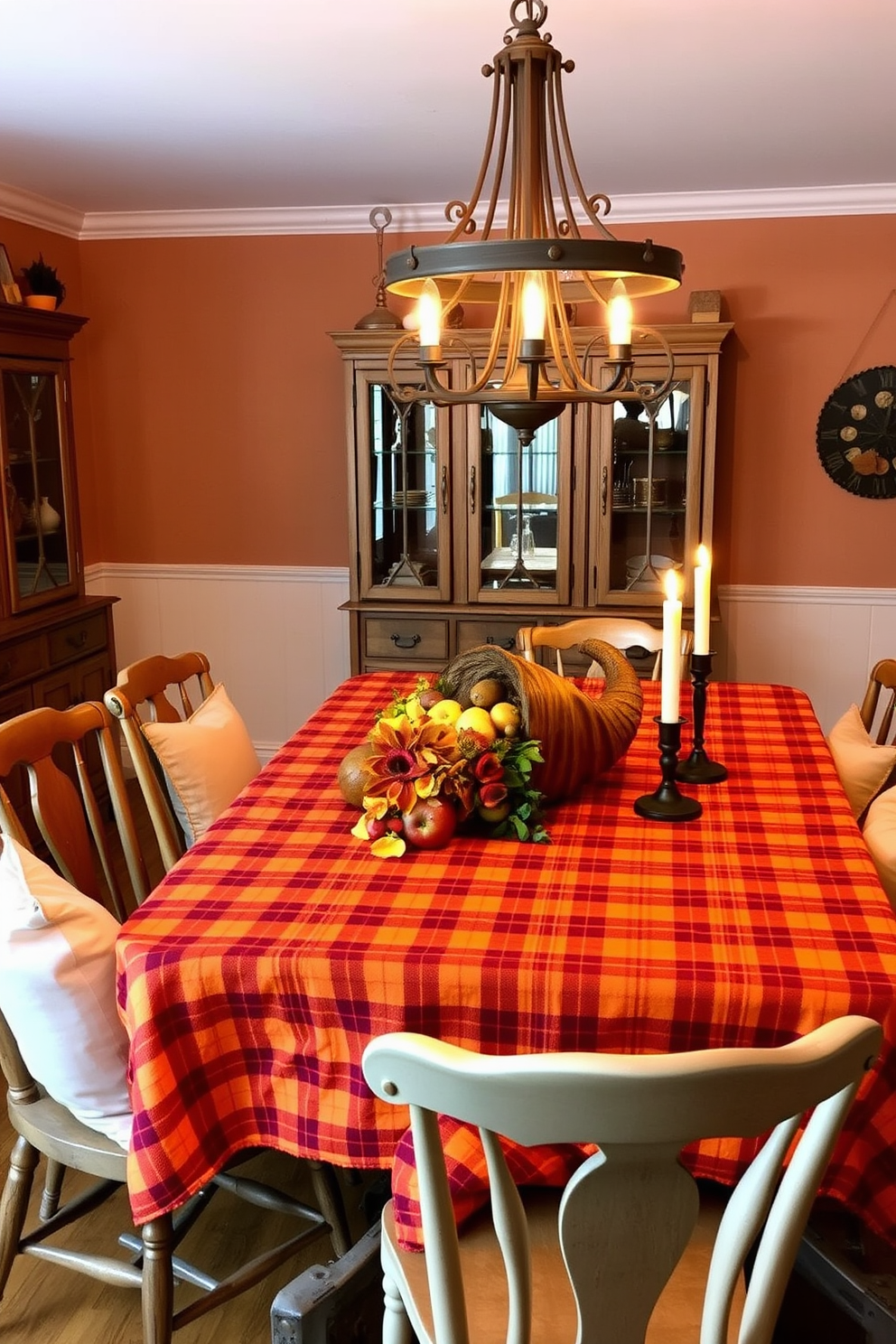 A cozy Thanksgiving dining room features a large wooden table covered with a vibrant plaid tablecloth in warm autumn colors. Surrounding the table are mismatched chairs, each adorned with soft cushions that complement the festive theme. Above the table, a rustic chandelier casts a warm glow, enhancing the inviting atmosphere. The centerpiece is a cornucopia filled with seasonal fruits and flowers, flanked by flickering candles in decorative holders.