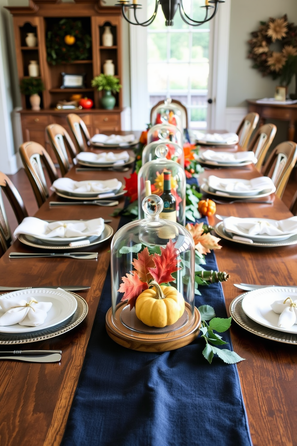 A beautifully arranged dining room featuring a long wooden table set for Thanksgiving. Glass cloches are placed strategically on the table, showcasing seasonal decor like autumn leaves and miniature pumpkins.