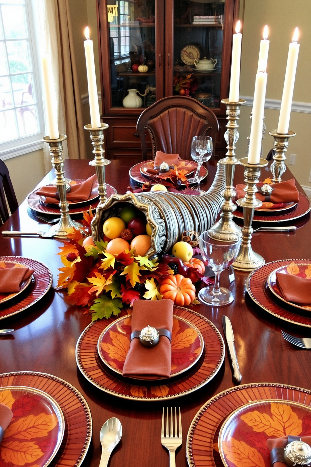 A beautifully set Thanksgiving dining table features harvest-themed tableware with intricate leaf patterns in warm autumn colors. The centerpiece includes a cornucopia filled with seasonal fruits and vegetables, surrounded by elegant candlesticks that cast a soft glow.