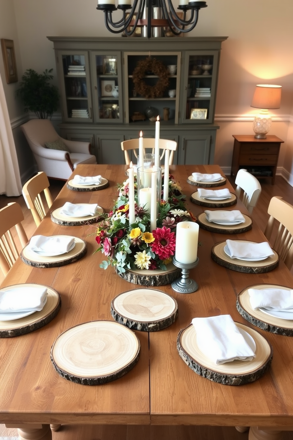 A warm and inviting dining room setting that features a large wooden table surrounded by mismatched chairs. Natural wood slices are used as rustic chargers under each plate, adding a cozy touch to the Thanksgiving table decor. The table is adorned with a simple centerpiece of seasonal flowers and candles in varying heights. Soft, warm lighting creates an intimate atmosphere, enhancing the festive spirit of the gathering.