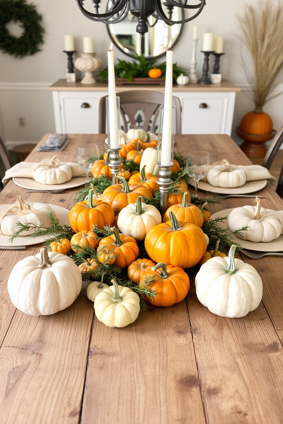 A beautifully set dining room for Thanksgiving featuring a rustic wooden table adorned with miniature pumpkins in various sizes and colors. The pumpkins are arranged in clusters with sprigs of greenery and candles to create a warm and inviting atmosphere.