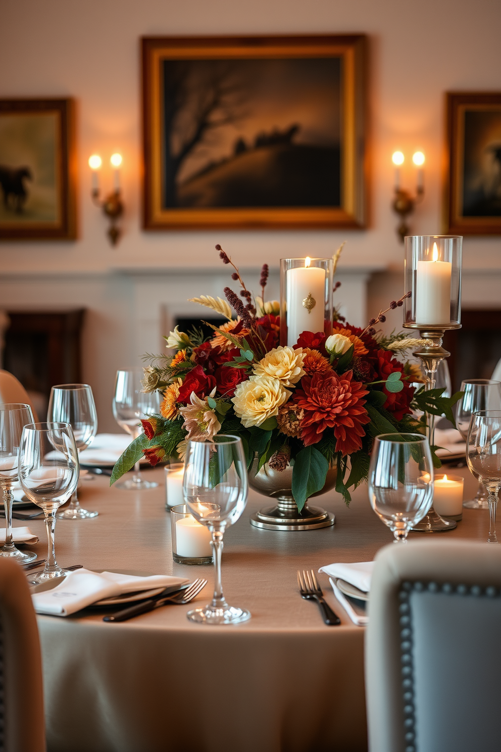 Elegant glassware to elevate the setting. The table is beautifully set with crystal wine glasses and delicate champagne flutes, reflecting the warm glow of candlelight. A stunning centerpiece of seasonal flowers in rich autumn hues sits in the middle. Surrounding the table are plush upholstered chairs, inviting guests to gather and celebrate.