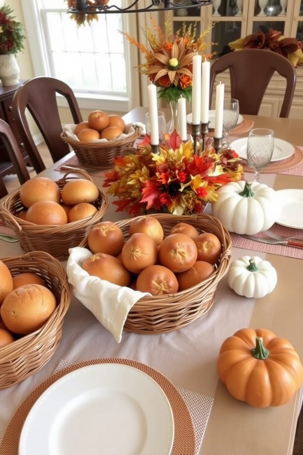 A beautifully set dining table adorned with woven baskets filled with fresh bread and rolls. The table is decorated with autumn-themed centerpieces, featuring pumpkins and seasonal foliage, creating a warm and inviting atmosphere for Thanksgiving.