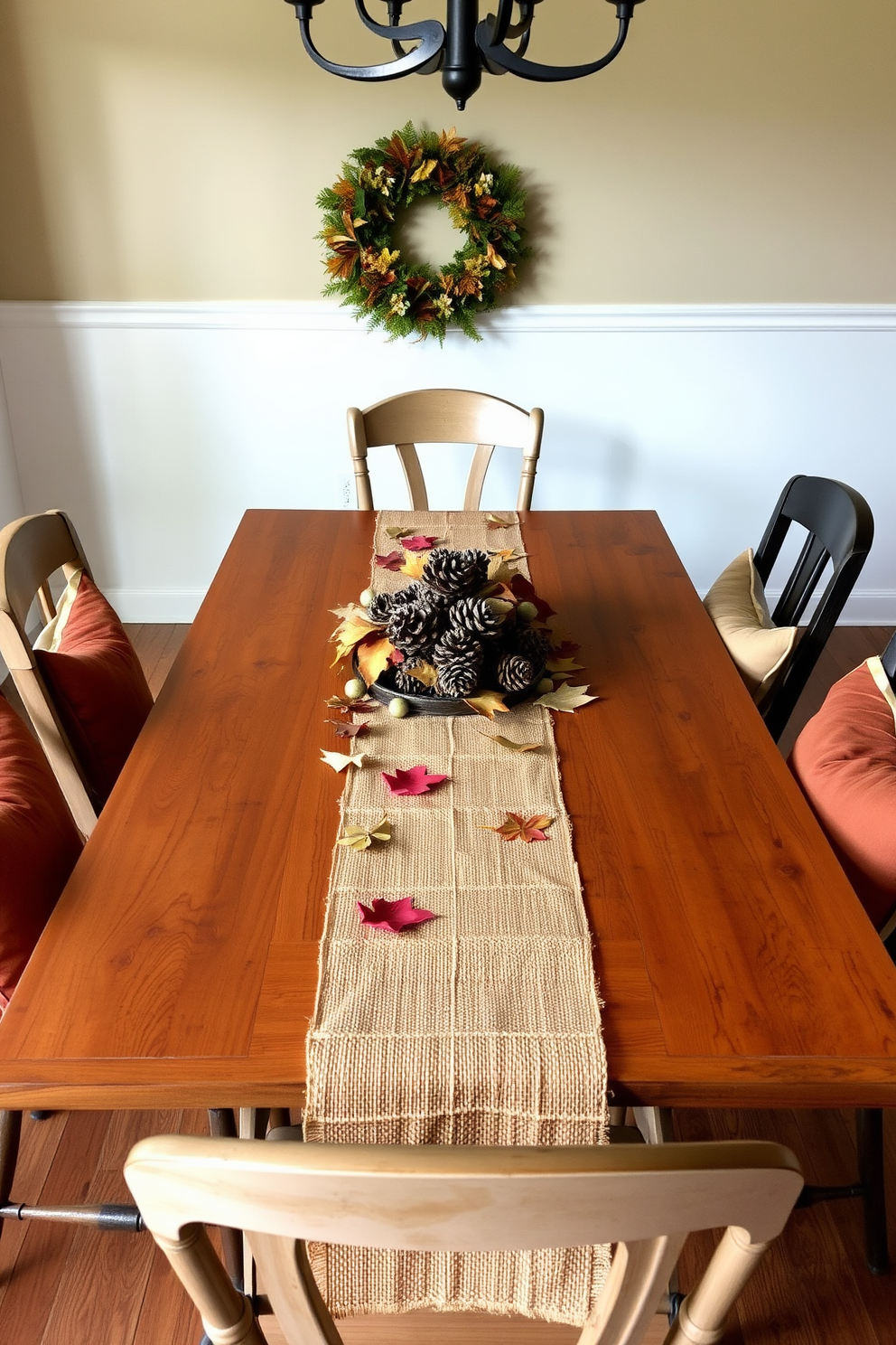 A rustic wooden table is adorned with a burlap table runner and an assortment of autumn leaves and pinecones. Surrounding the table are mismatched chairs, each featuring cozy cushions in warm earth tones for a welcoming atmosphere.