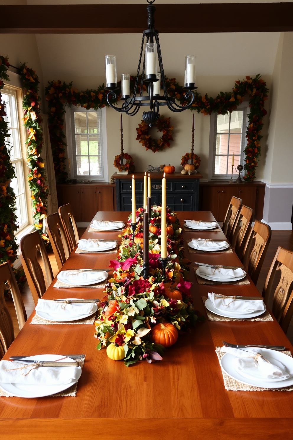 A warm and inviting Thanksgiving dining room features a long wooden table set for a festive meal. Floral garlands in rich autumn colors drape elegantly across the table, complemented by rustic candleholders and seasonal decorations.