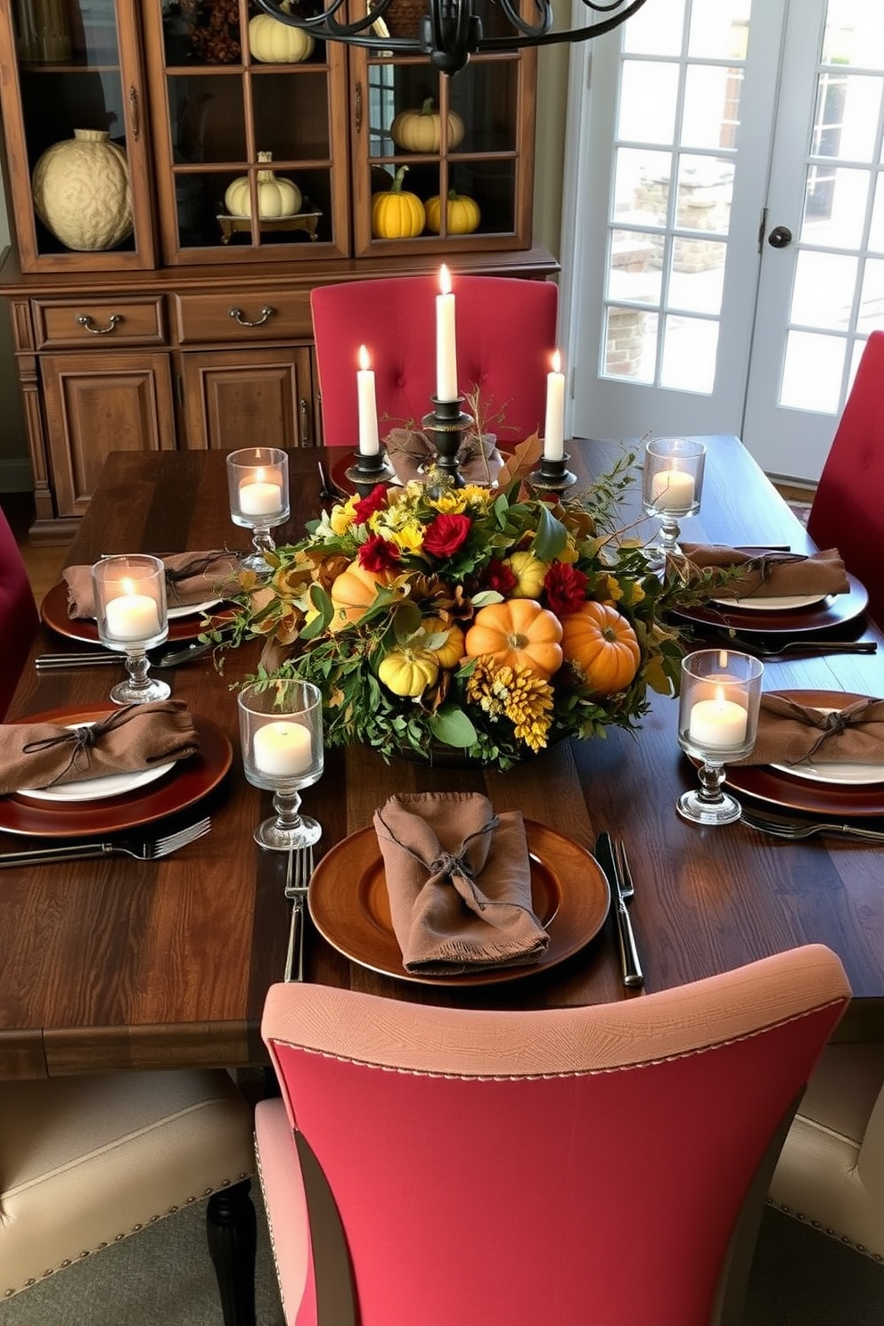 Artful arrangements of gourds and squash adorn the dining table, creating a warm and inviting atmosphere. The table is set with rustic wooden plates and earthy-toned linens, complemented by flickering candlelight in glass holders. Surrounding the table are upholstered chairs in rich autumn colors, enhancing the festive feel of the room. A centerpiece of mixed foliage and seasonal flowers adds a touch of elegance to the Thanksgiving celebration.