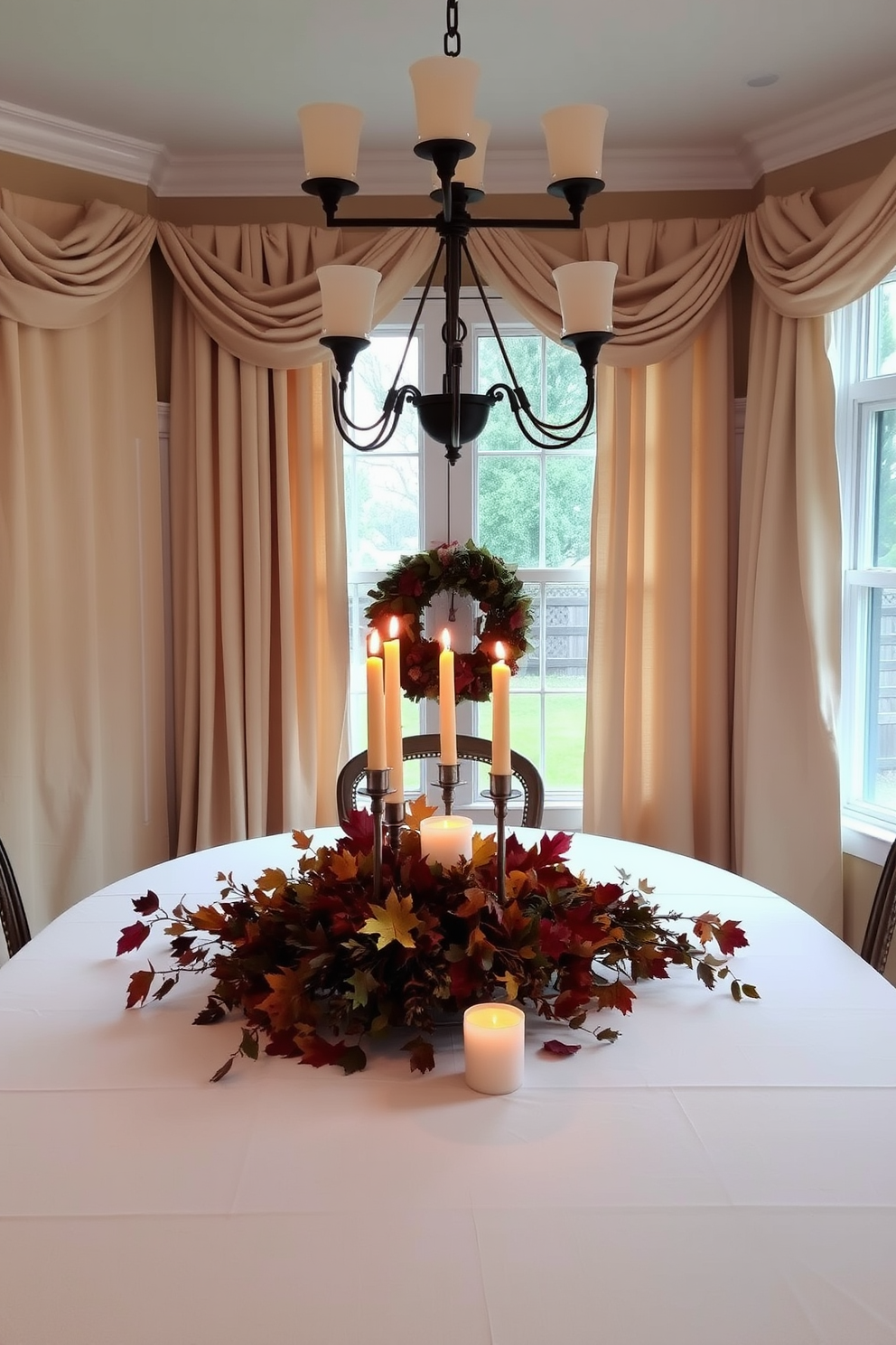 A warm and inviting Thanksgiving dining room featuring soft fabric drapes that gently frame the windows. The table is adorned with a rustic centerpiece of autumn leaves and candles, creating a cozy ambiance for family gatherings.