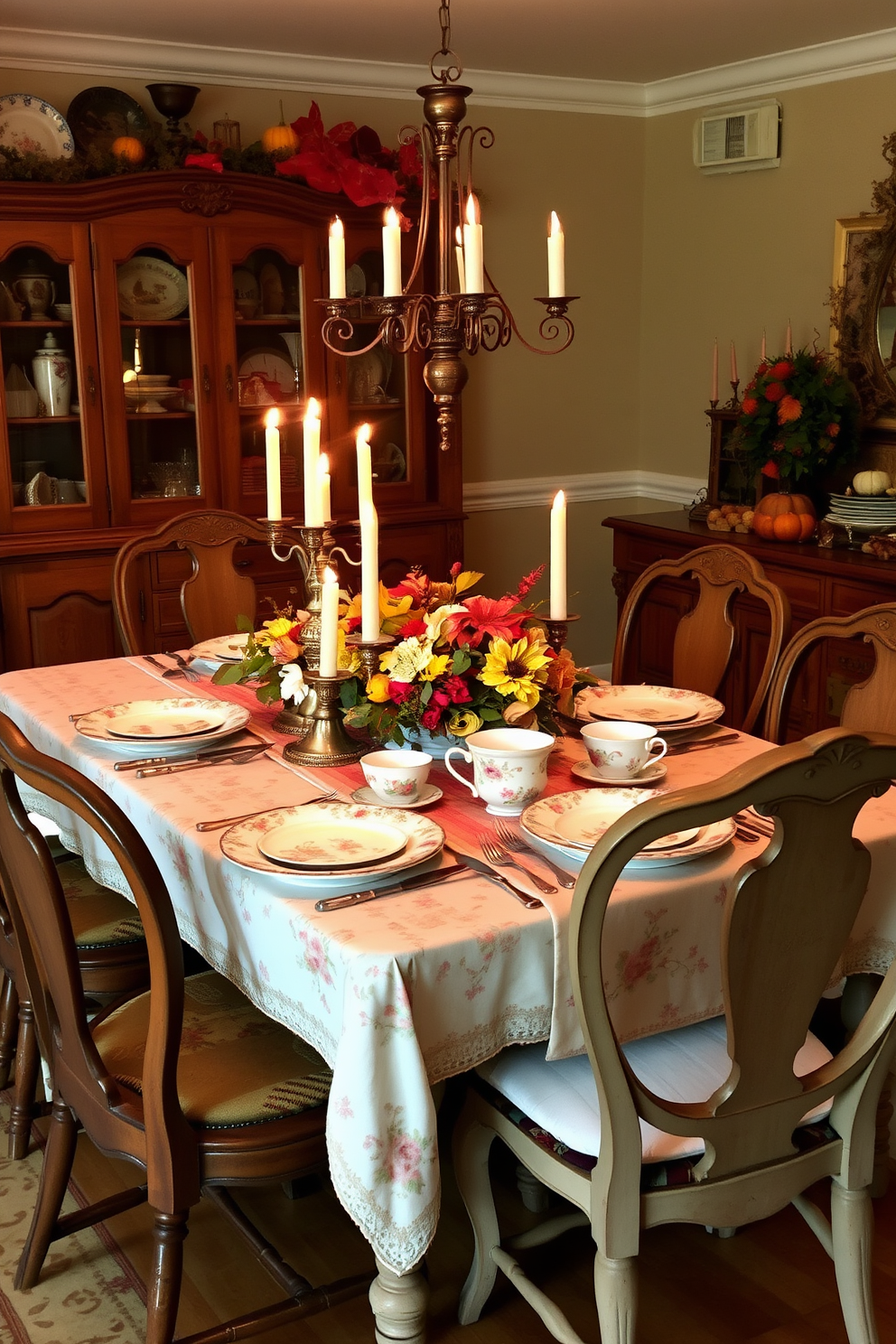 A stunning dining room with a long wooden table set for Thanksgiving. The table is adorned with a gourd-filled centerpiece featuring various sizes and colors of gourds, complemented by autumn leaves and candles. Surrounding the table are elegant upholstered chairs in warm tones. The walls are painted in a soft cream color, and a beautiful chandelier hangs above, casting a warm glow over the festive setting.