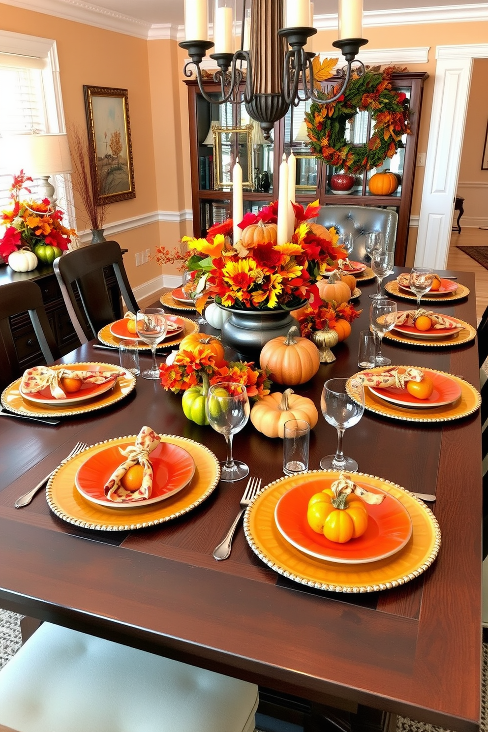 A vibrant dining room adorned for Thanksgiving features a large wooden table set with an array of colorful table settings. Rich autumn hues of orange, red, and gold are represented through decorative plates, patterned napkins, and seasonal centerpieces filled with pumpkins and fall foliage.