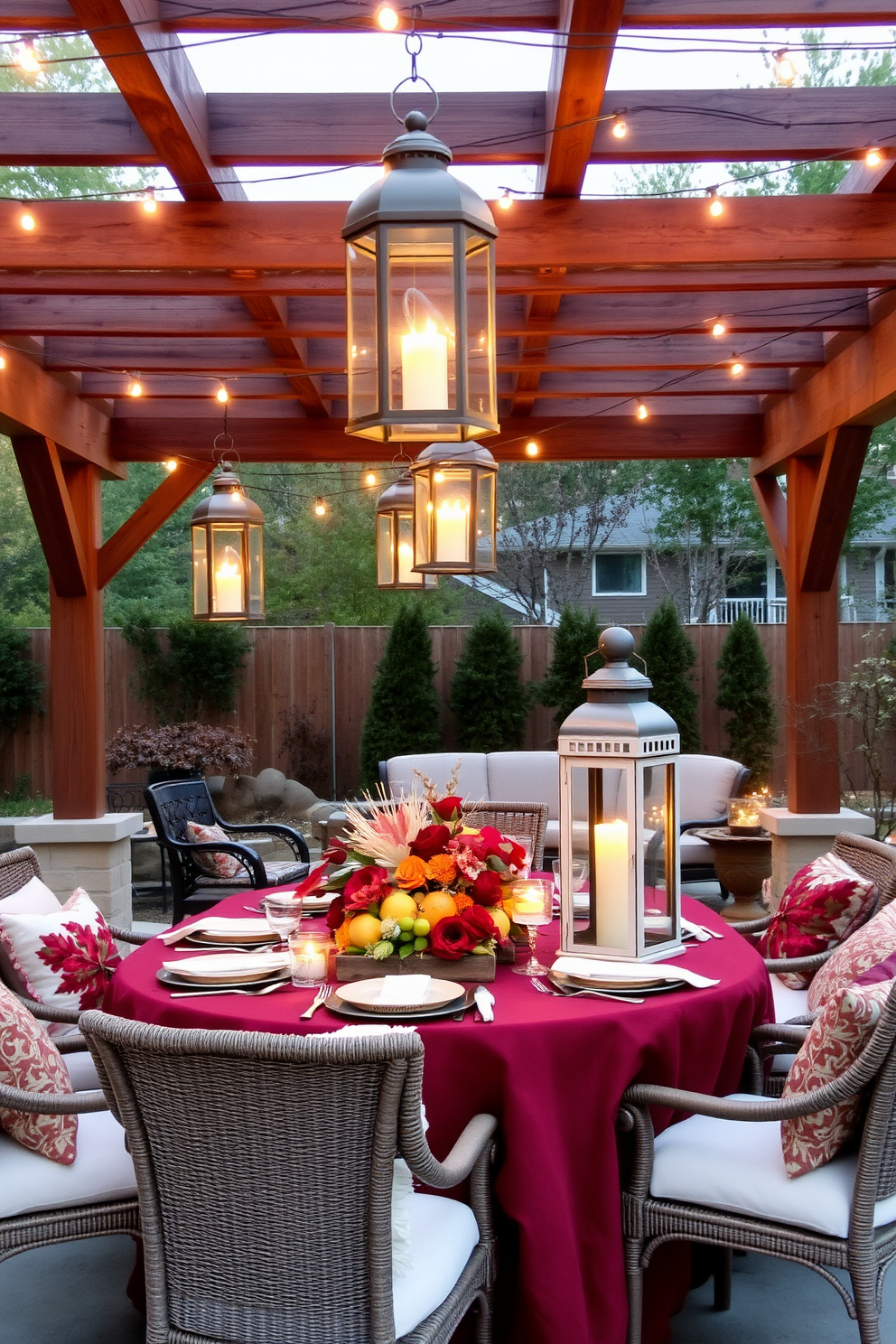 Chic lanterns are suspended from a wooden pergola, creating a warm and inviting atmosphere for outdoor dining. The table is elegantly set with a rich burgundy tablecloth, surrounded by comfortable chairs adorned with plush cushions. Thanksgiving decorations feature a centerpiece of seasonal fruits and flowers, complemented by flickering candlelight in the lanterns. The ambiance is cozy, with string lights twinkling overhead, enhancing the festive spirit of the gathering.