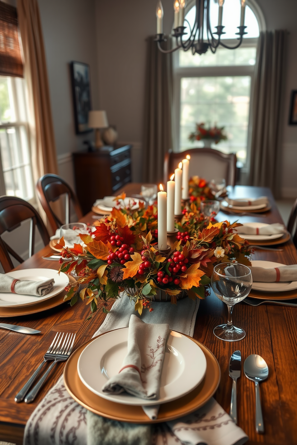 A seasonal wreath serves as a stunning table centerpiece, adorned with autumn leaves and vibrant berries. The dining room is warmly lit, featuring a rustic wooden table set with elegant dinnerware and soft, textured linens.