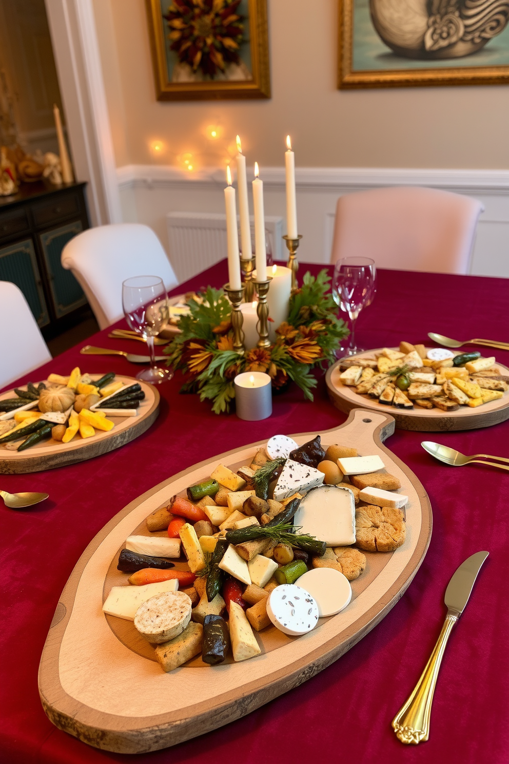 Creative serving platters for appetizers in a Thanksgiving dining room setting. The table is adorned with a rich burgundy tablecloth and golden cutlery, enhancing the festive atmosphere. Elegant wooden platters are arranged artistically, showcasing a variety of seasonal appetizers like roasted vegetables and artisanal cheeses. Soft candlelight flickers in the background, creating a warm and inviting ambiance for guests to enjoy.