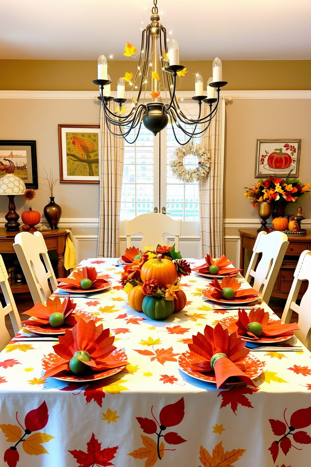 A beautiful autumn-themed dining room features a table adorned with a vibrant table runner made of rich fabrics showcasing an array of colorful leaves. Surrounding the table are elegant chairs, each draped with soft blankets in warm hues, creating a cozy atmosphere perfect for Thanksgiving gatherings.