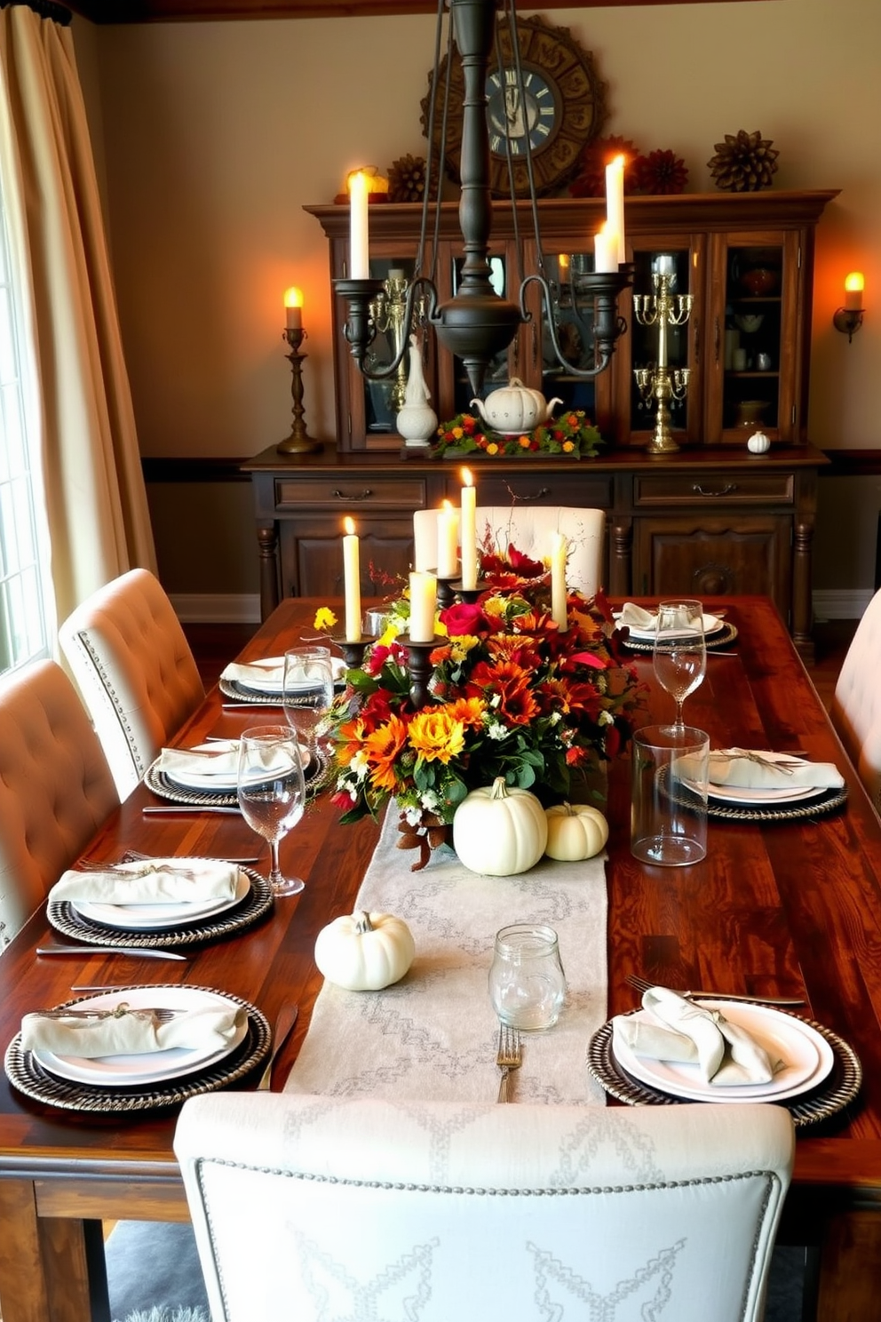 A warm and inviting Thanksgiving dining room features a large wooden table set for a festive feast. Soft candlelight flickers from elegant candlesticks, creating a cozy ambiance that enhances the rich autumn colors of the decor. The table is adorned with a beautiful centerpiece of seasonal flowers and pumpkins, complemented by rustic place settings. Surrounding the table are comfortable upholstered chairs, inviting guests to gather and enjoy the celebration.