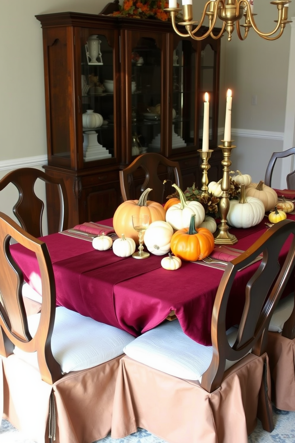 A creative dessert display on tiered stands showcases an array of colorful pastries and seasonal treats. The tiered stands are elegantly arranged on a rustic wooden table adorned with autumn leaves and candles. Thanksgiving dining room decorating ideas feature a large harvest-themed centerpiece filled with pumpkins and gourds. The table is set with elegant dishware and warm-toned linens to create a cozy and inviting atmosphere.