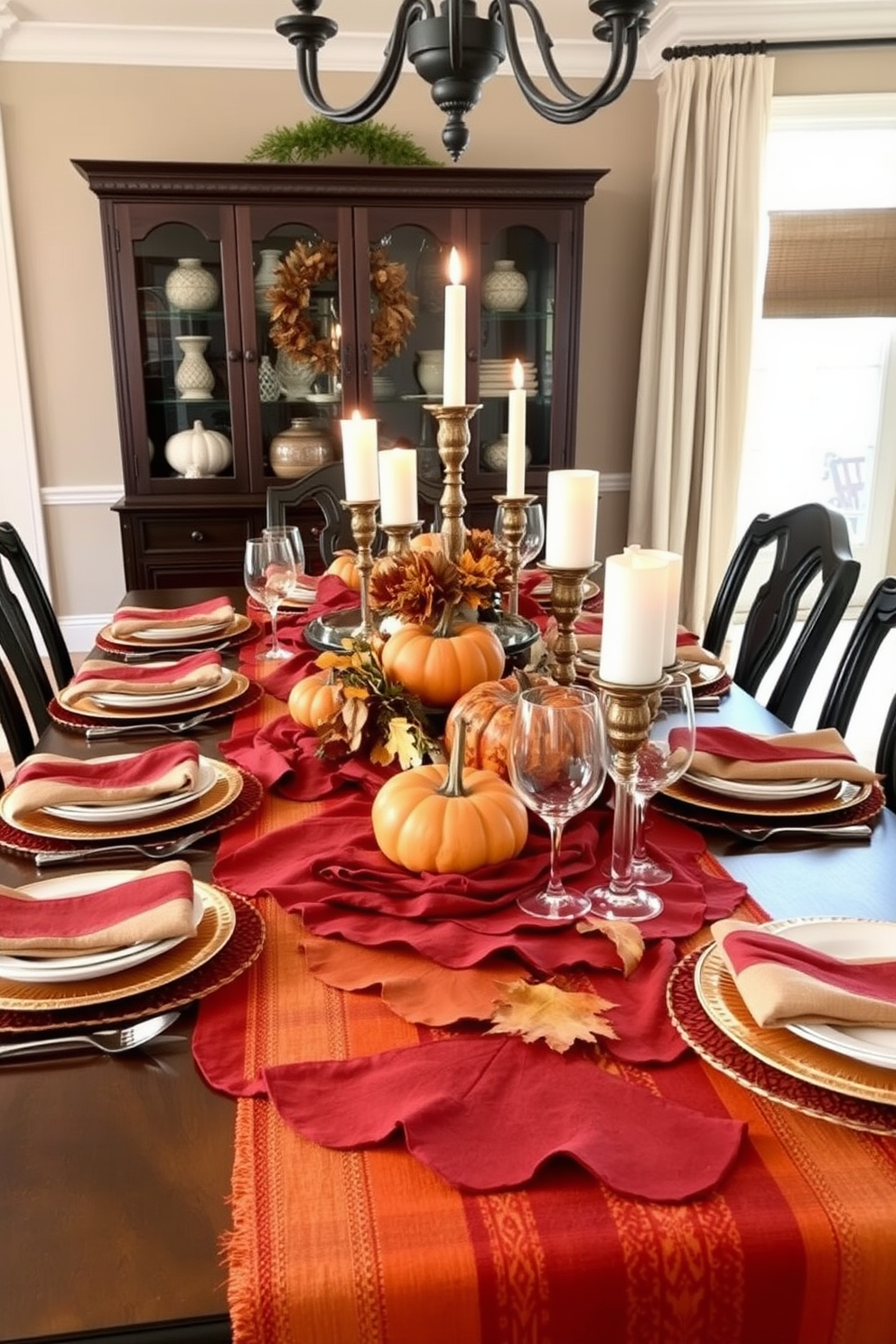 Layered table runners in rich autumn hues create a warm and inviting atmosphere for a Thanksgiving dining room. The table is set with elegant dinnerware, featuring seasonal centerpieces of pumpkins and candles for a festive touch.