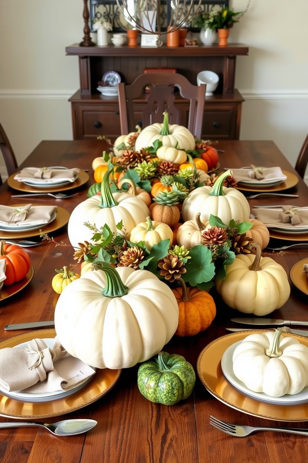 A warm and inviting dining room adorned with colorful fall foliage in elegant vases. The table is set with rustic wooden elements and seasonal decorations, creating a festive atmosphere for Thanksgiving.