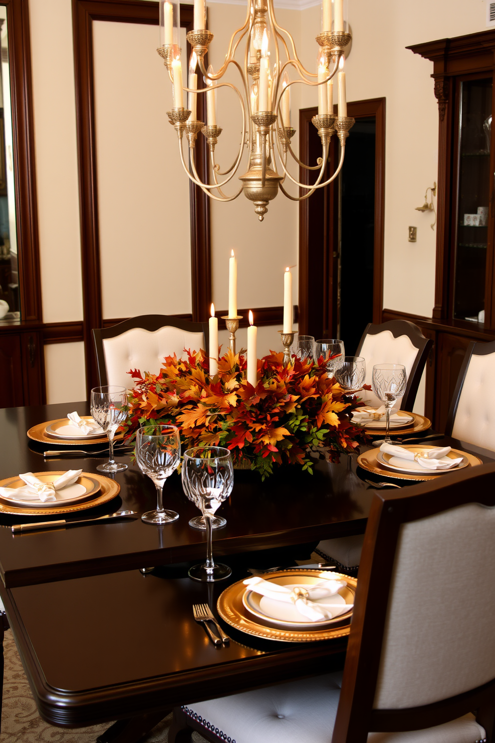 A warm and inviting dining room adorned with rich wooden furniture. The table is set with elegant gold-rimmed plates and sparkling crystal glassware, while a stunning centerpiece of autumn leaves and candles adds a festive touch. The walls are painted in a soft cream hue, creating a cozy atmosphere. Plush upholstered chairs with gold accents surround the table, inviting guests to gather and celebrate the holiday.