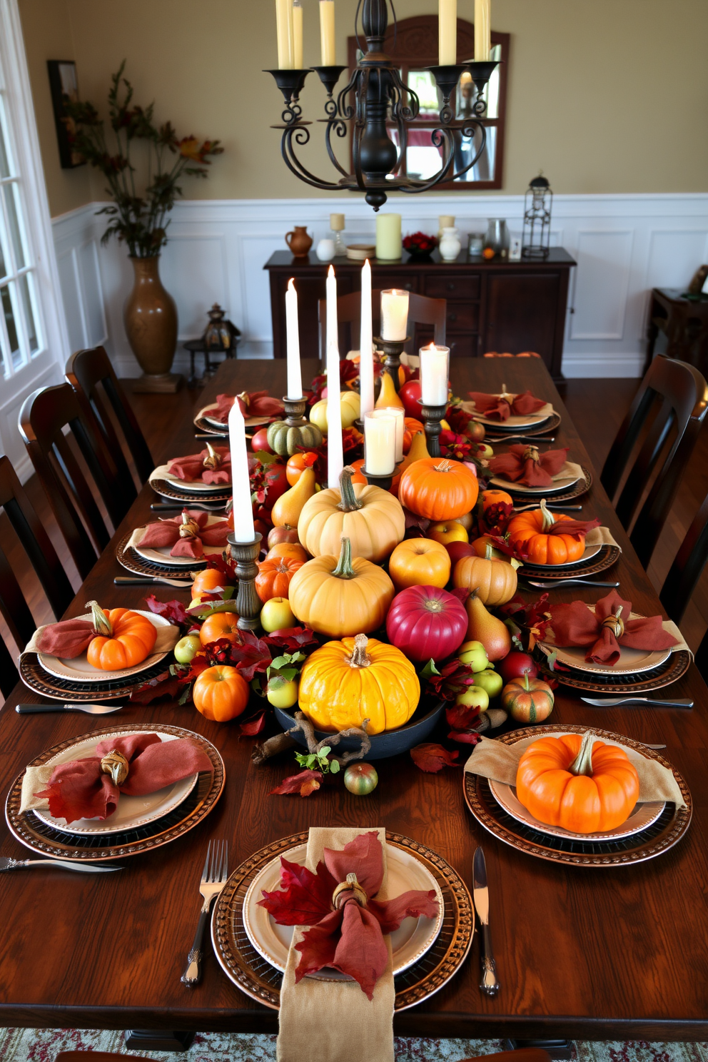 A beautifully set Thanksgiving dining room featuring a large wooden table adorned with an array of seasonal fruits. Vibrant pumpkins, apples, and pears are artfully arranged in the center, complemented by autumn leaves and candles in rustic holders.