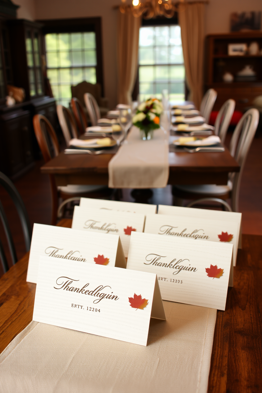 Personalized place cards for guests are elegantly designed with a rustic charm. Each card features a delicate script font on textured paper, adorned with a small autumn leaf motif. The Thanksgiving dining room is beautifully set with a long wooden table, draped in a soft linen tablecloth. Surrounding the table are mismatched vintage chairs, each adding character to the warm and inviting atmosphere.