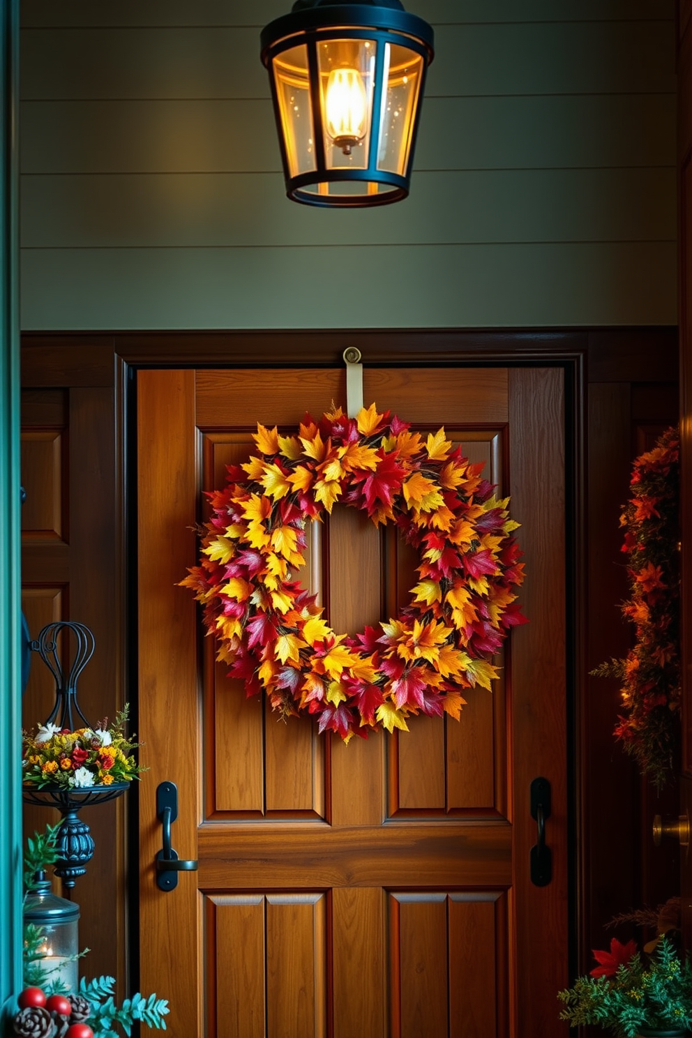 An inviting entryway adorned with an autumn wreath made of vibrant, colorful leaves. The wreath is hung on a rustic wooden door, surrounded by warm lighting and seasonal decorations.