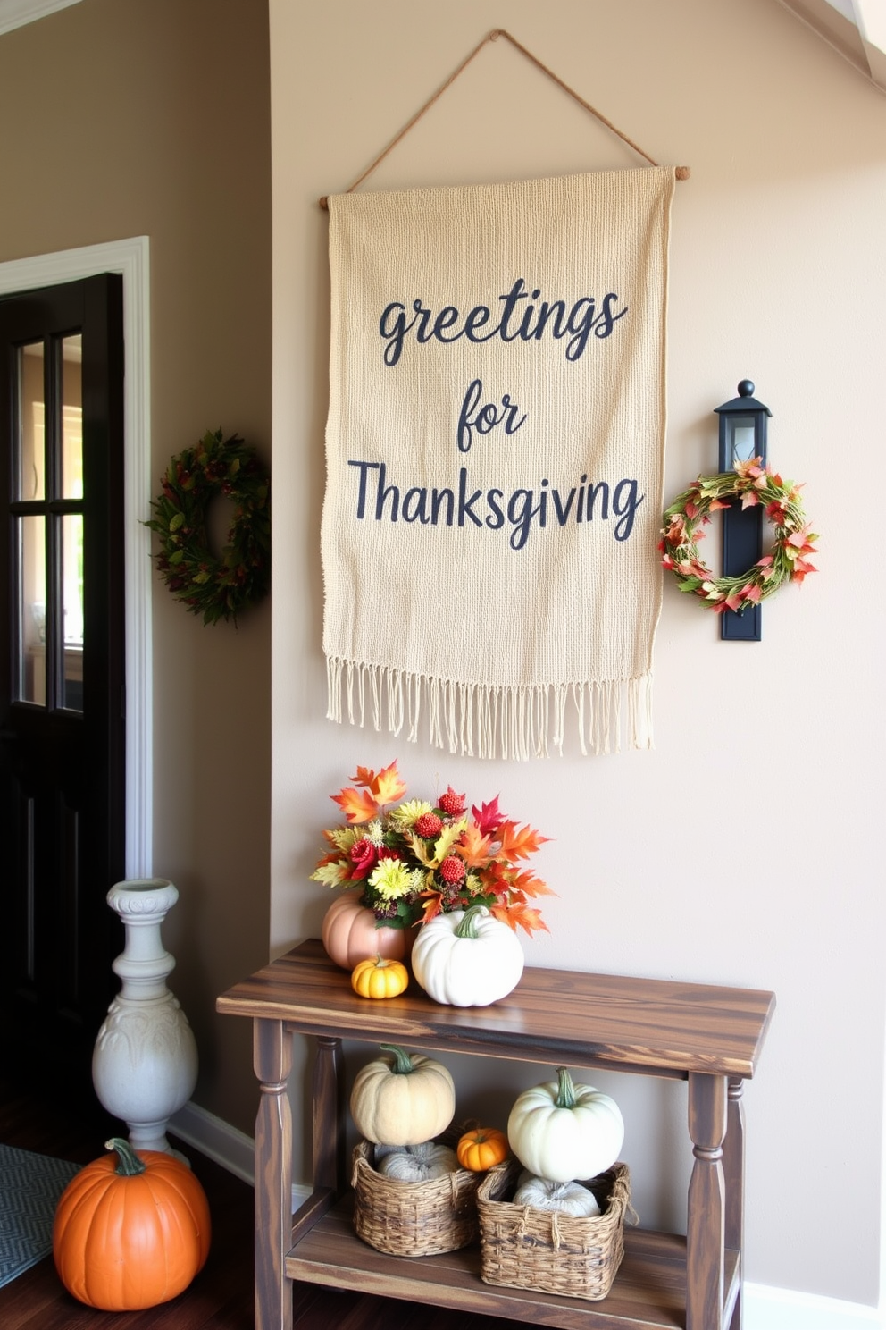 A warm and inviting entryway adorned with a hanging burlap banner that reads greetings for Thanksgiving. The banner is draped above a rustic wooden console table decorated with seasonal pumpkins and a bouquet of autumn leaves.