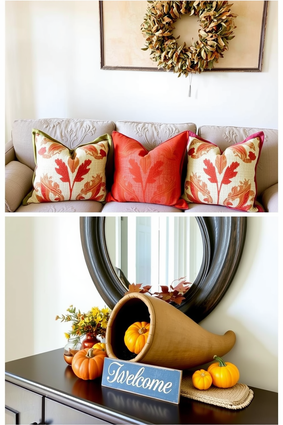 Seasonal throw pillows in warm autumn colors are arranged on a cozy sofa, creating an inviting atmosphere for guests. The pillows feature intricate patterns of leaves and pumpkins, enhancing the festive spirit of the Thanksgiving season. In the entryway, a beautifully styled console table showcases a decorative arrangement of seasonal elements. A cornucopia filled with vibrant fruits and a few small pumpkins are placed alongside a welcoming sign, setting the tone for holiday gatherings.